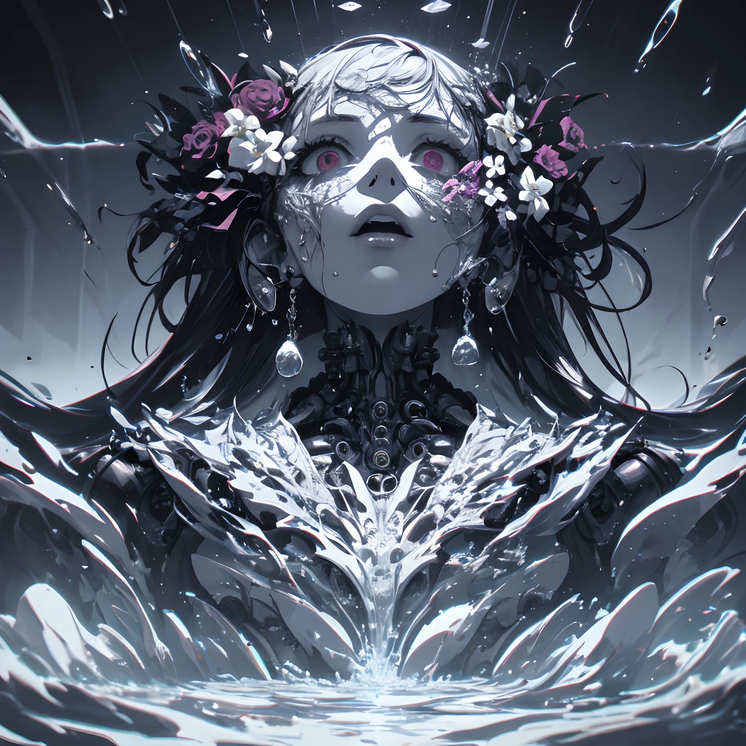 biomechanical style illustration beautiful woman, colorful melting human head. acrylic bubbles and flowers, ferrofluids, water distortions. looking up, intricate abstract. intricate artwork. beeple. blend of organic and mechanical elements, futuristic, cybernetic, detailed, intricate, dark theme, (in awe:1.2), confident, (surprised:0.7), natural skin, style of Stan Manoukian,physically based unbiased rendering, natural lighting, soft shadows, extremely high-resolution details, photographic, realism pushed to extreme, fine texture, 4k, ultra-detailed, high quality, high contrast,