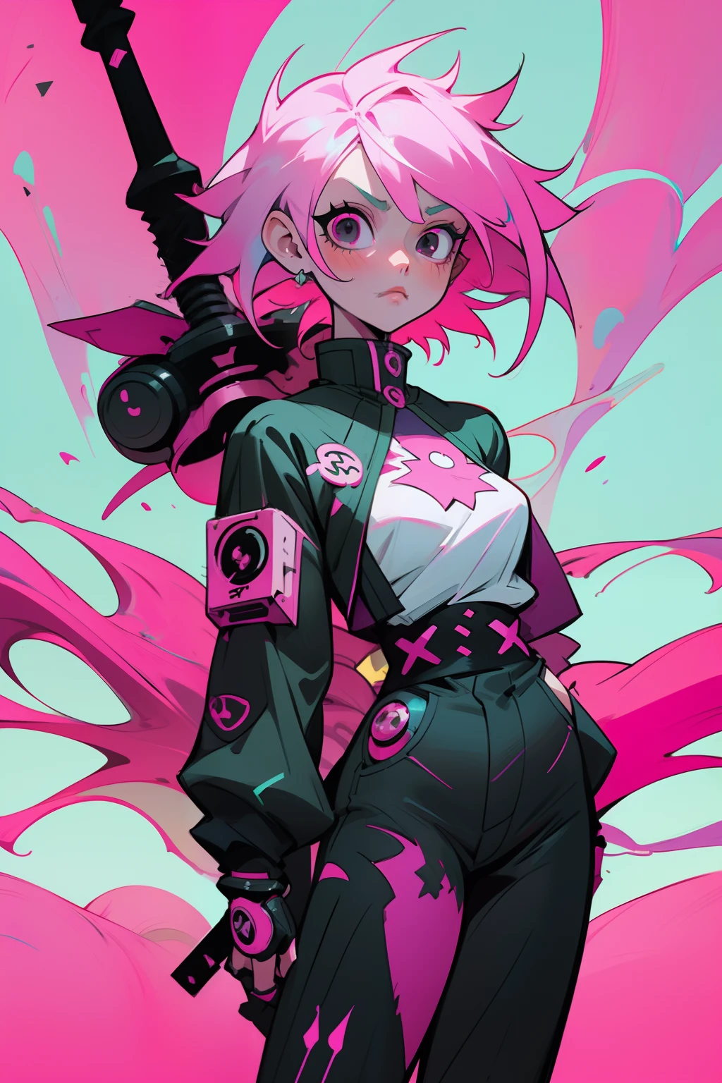 anime girl with pink hair and black eyes holding a bat, rossdraws cartoon vibrant, cyberpunk art style, digital cyberpunk anime art, anime cyberpunk art, anime style 4 k, :: rossdraws, cyberpunk artstyle, cyberpunk anime art, demon slayer artstyle, neonpunk, demon slayer rui fanart, cyberpunk anime girl, anime styled digital art, female cyberpunk anime girl