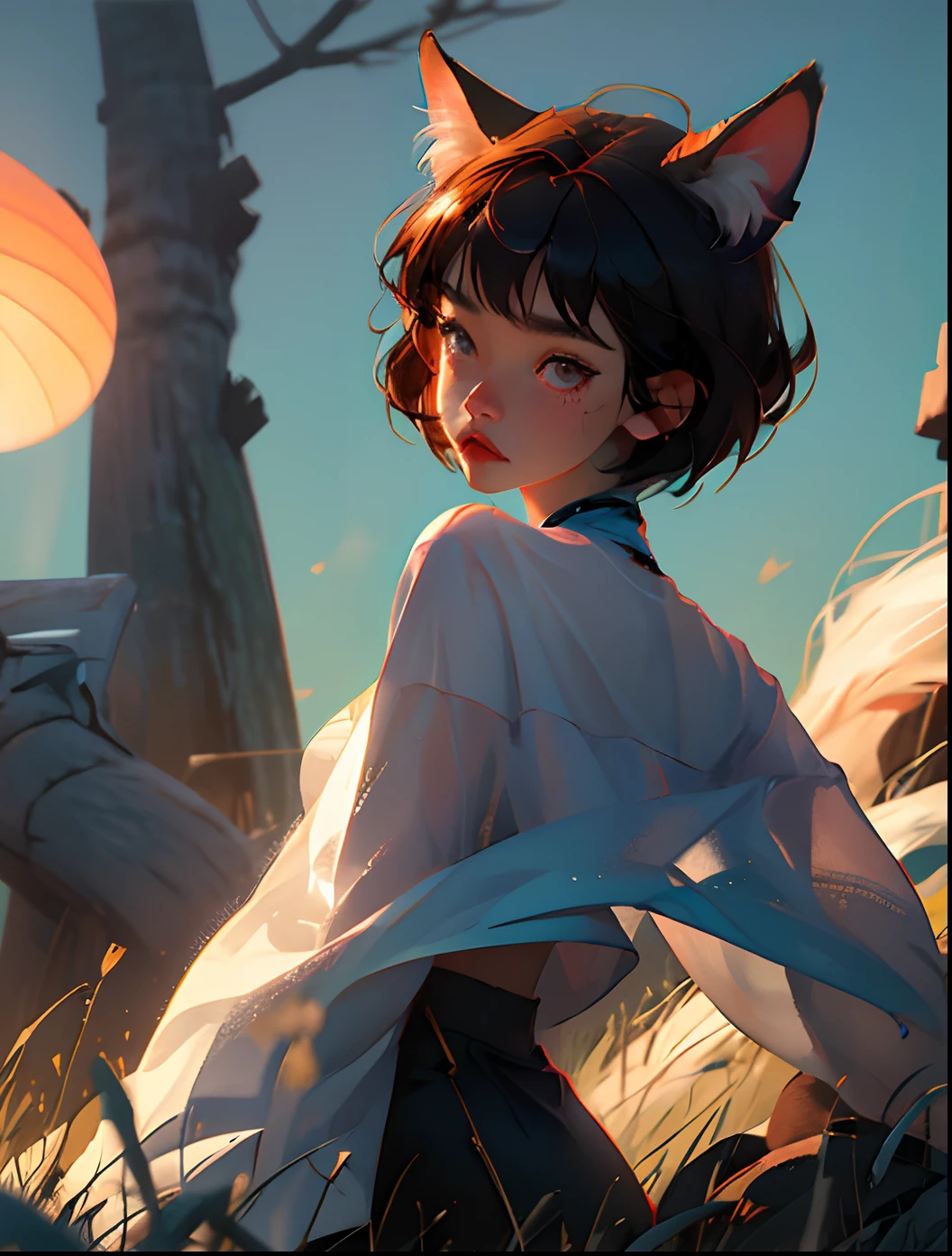 fox ear、tusk、A dark-haired、short-hair、girl with