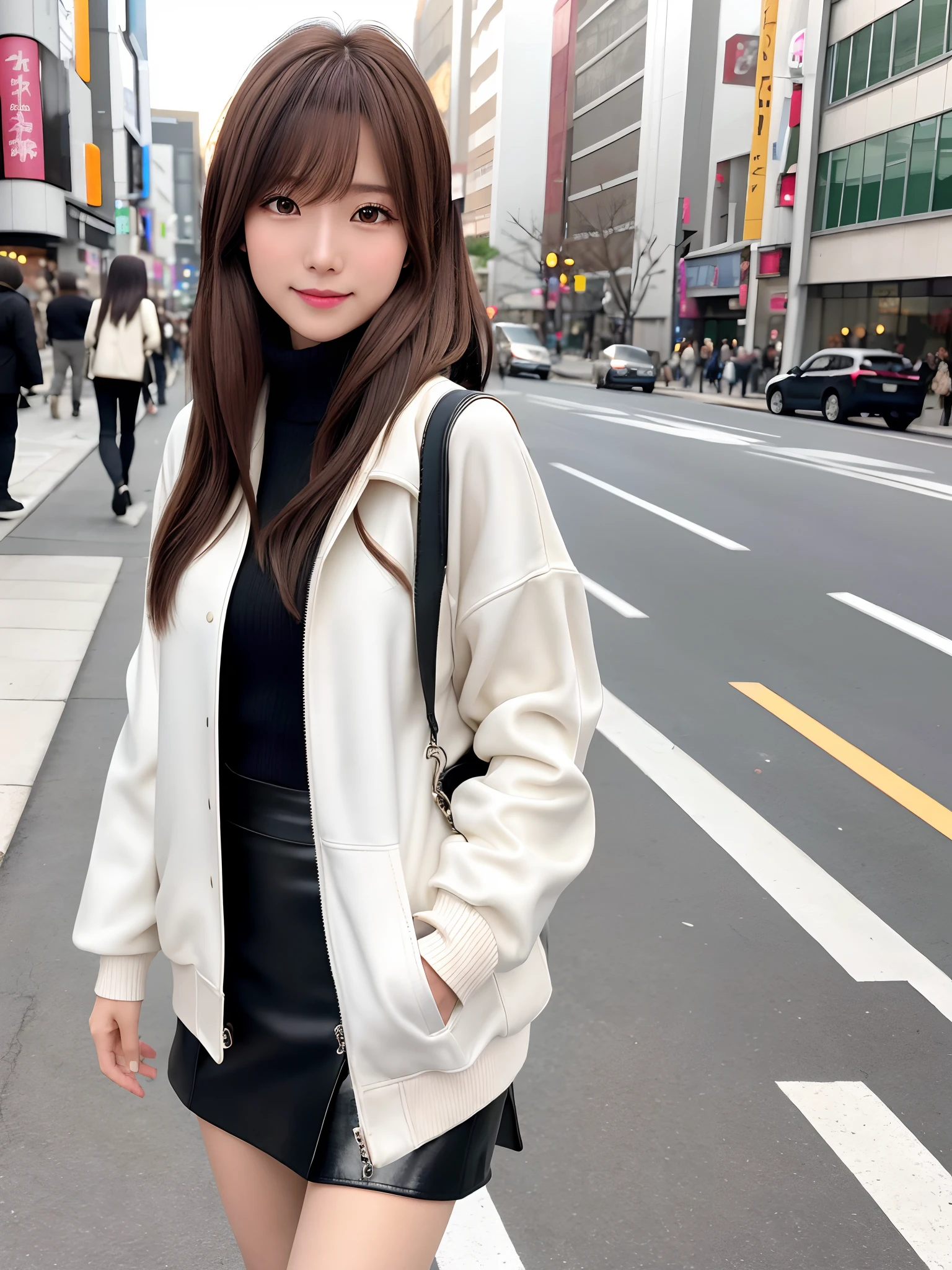 mastepiece, 1 girl per 1 photo, cowboy shot, front view, a Japanese young pretty girl, long bob hair, walking on a crowded sidewalk with a big smile in the city, white jacket over a black turtleneck sweater, black miniskirt, a tote bag over her shoulder, hyper cute face, glossy lips, double eyelids for both eyes, natural makeup, shiny smooth light brown hair of long bob hair, asymmetrical bangs, high resolution, high detail, detailed hairstyle, detailed face, cinematic lighting, octane rendering, hyper realistic, perfect limbs, perfect anatomy