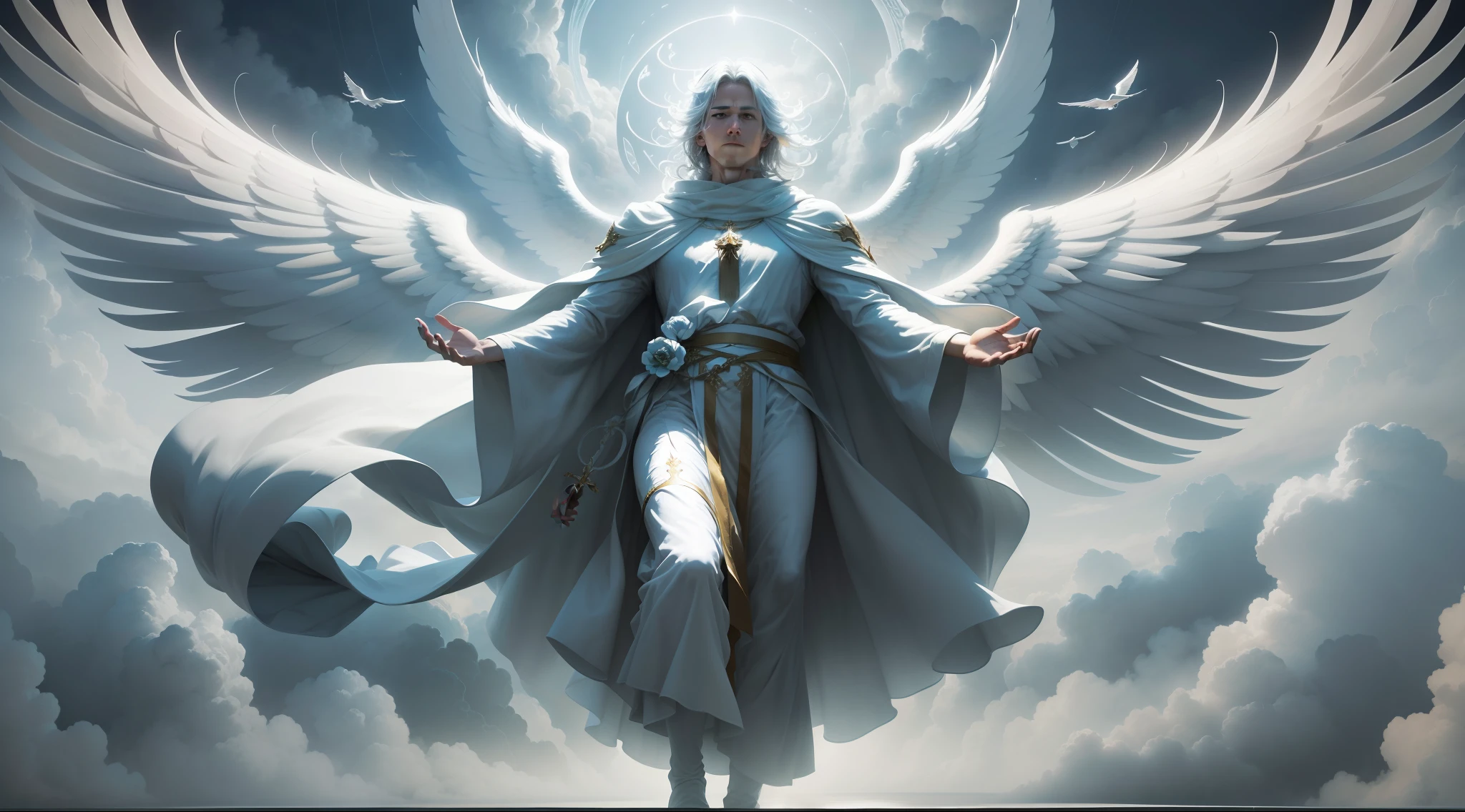 Angel Gabriel, man, wearing a white gown. 40 years old, (((descending from the skies floating amid the clouds))), celestial, (((full-length))), perfectly structured, designed by Kekai Kotaki