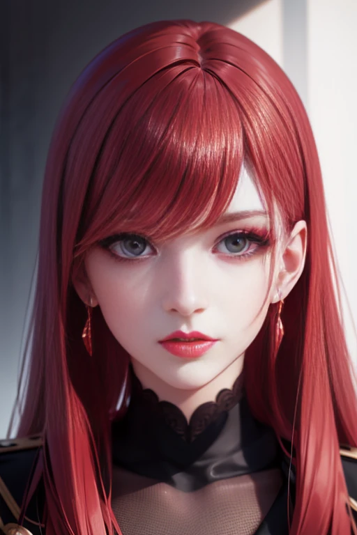photograph, Professional Full Body, (detailed faces and eyes:1.4), women's pictures, makeup, earrings, Dark lipstick, Parted lips, Sharp Focus, Insanely sharp details, Extremely detailed, 4K HQ, 8K, depth of fields, F/1.2, Leica, 8K HDR, High contrast, Advanced retouching, shadowy, Bokeh, awardwinning photo, Best Photographers、Woman with straight long hair and red lipstick, ekaterina, 30 year old female,Red-haired、military outfits、