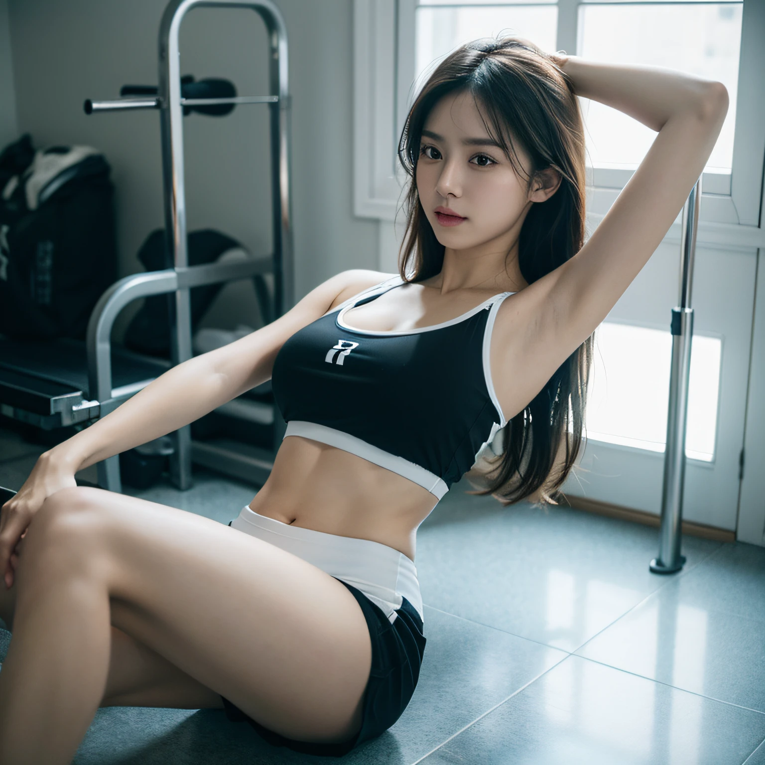 （best qualtiy）Meticulous sportswear girl，Sit on the floor of the gym，spread their legs，Camel toes，Wear delicate white skinny yoga pants and a sports bra，Protruding small abdominal muscles，And adds a cinematic touch to the scenes in the super one，huge tit，Film lighting completes the overall atmosphere