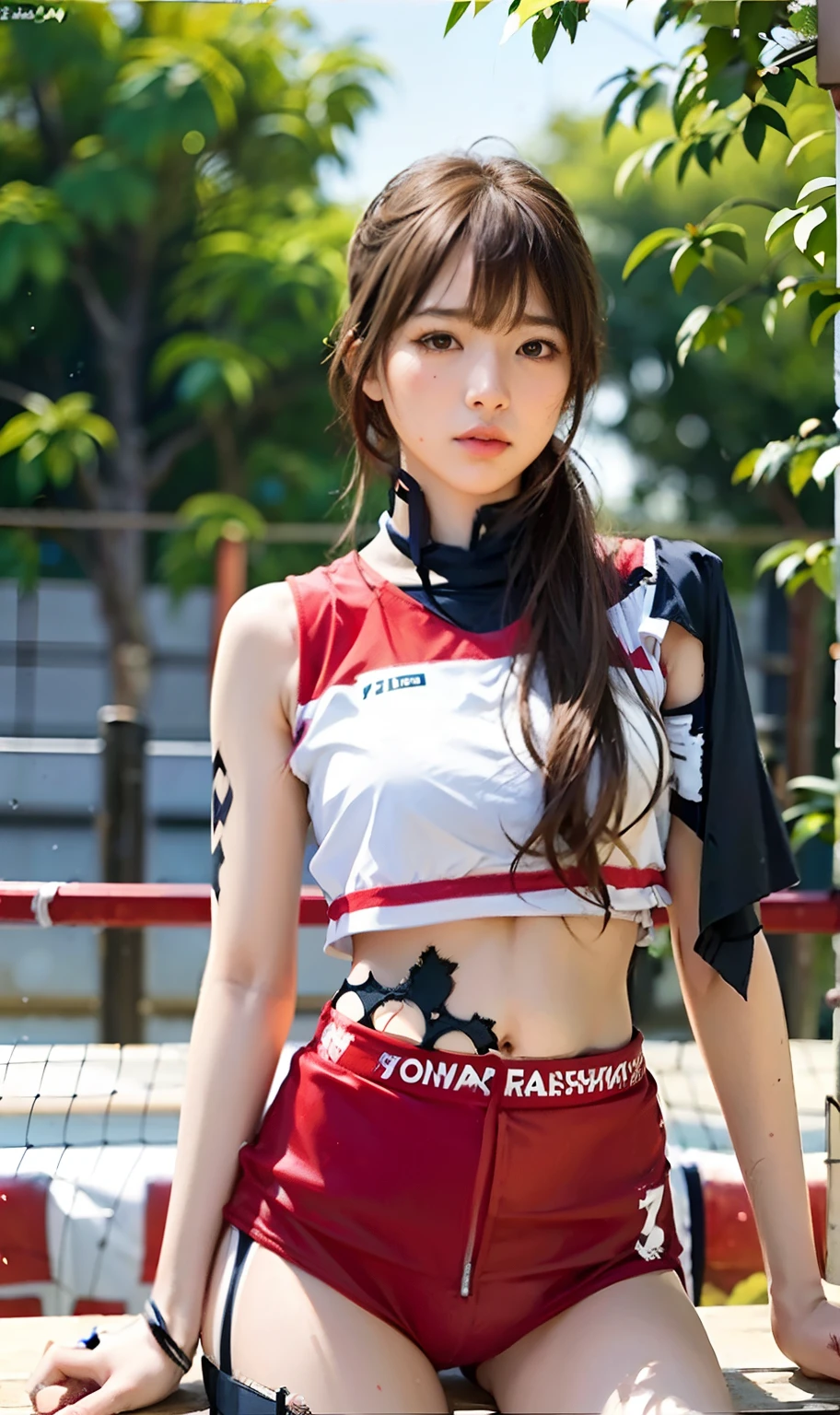 Asian woman from Arafeh in red volleyball uniform posing for photo, Wearing a volleyball jersey,poneyTail、sleeveless、teats、camel's toe、Beautiful navel、beautiful thigh、Beautiful fece、A sexy、 sakimichan hdri, jaeyeon nam, shin min jeong, nishimiya shouko, lee ji - eun, lee ji-eun, 165 cm tall, Chiho Ashima, Hwang Se - On, Choi Hong Hwa, Sui Ishida