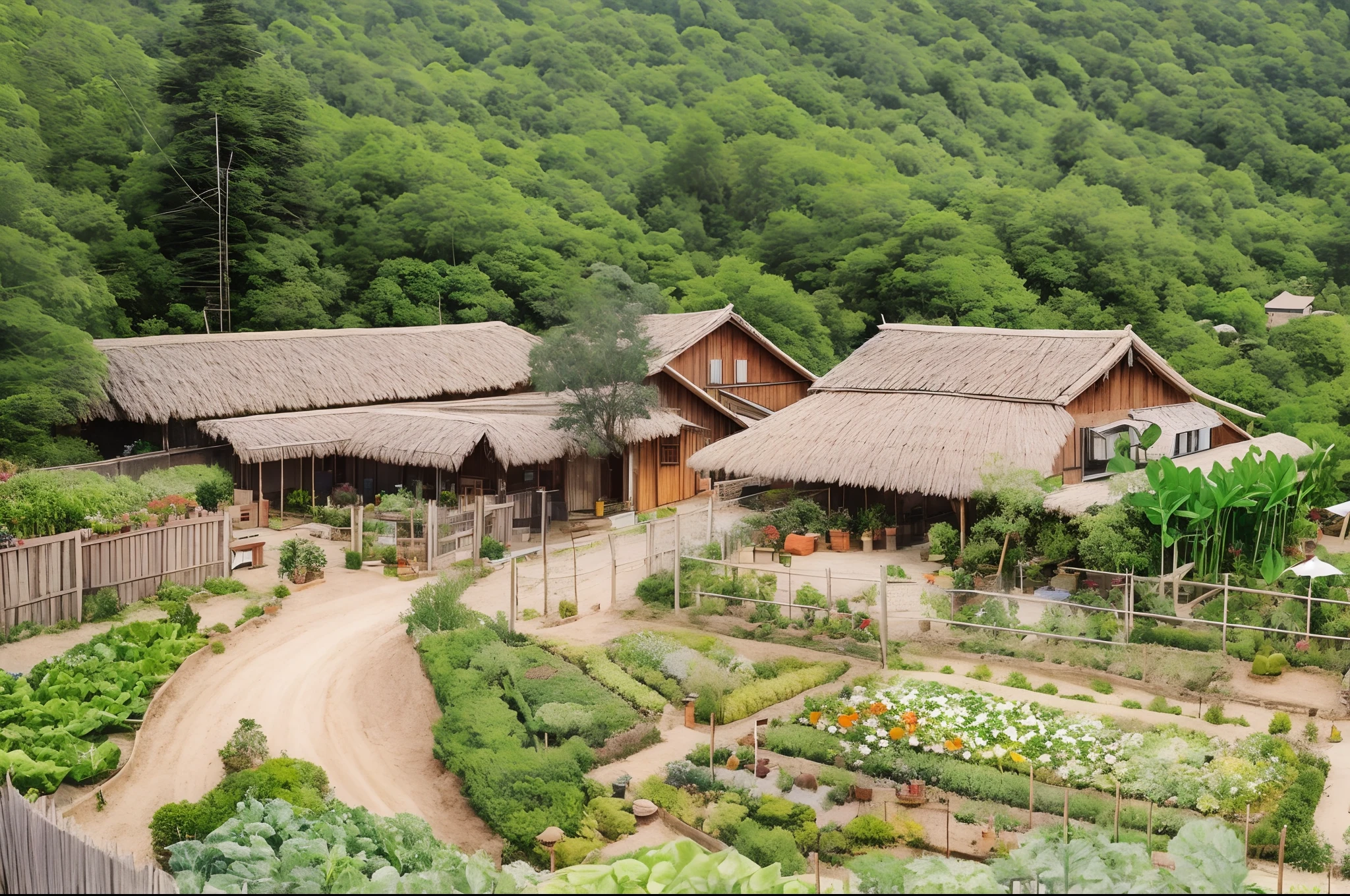 aerial view of a garden planted with green vegetables and a bamboo fence, a pile of straw, a small village, beautiful images, ariel view, eco-village, building in a forest, photo taken from the lens 16-35mm wide angle and Canon 5d mark IV camera. Realistic, sharp images