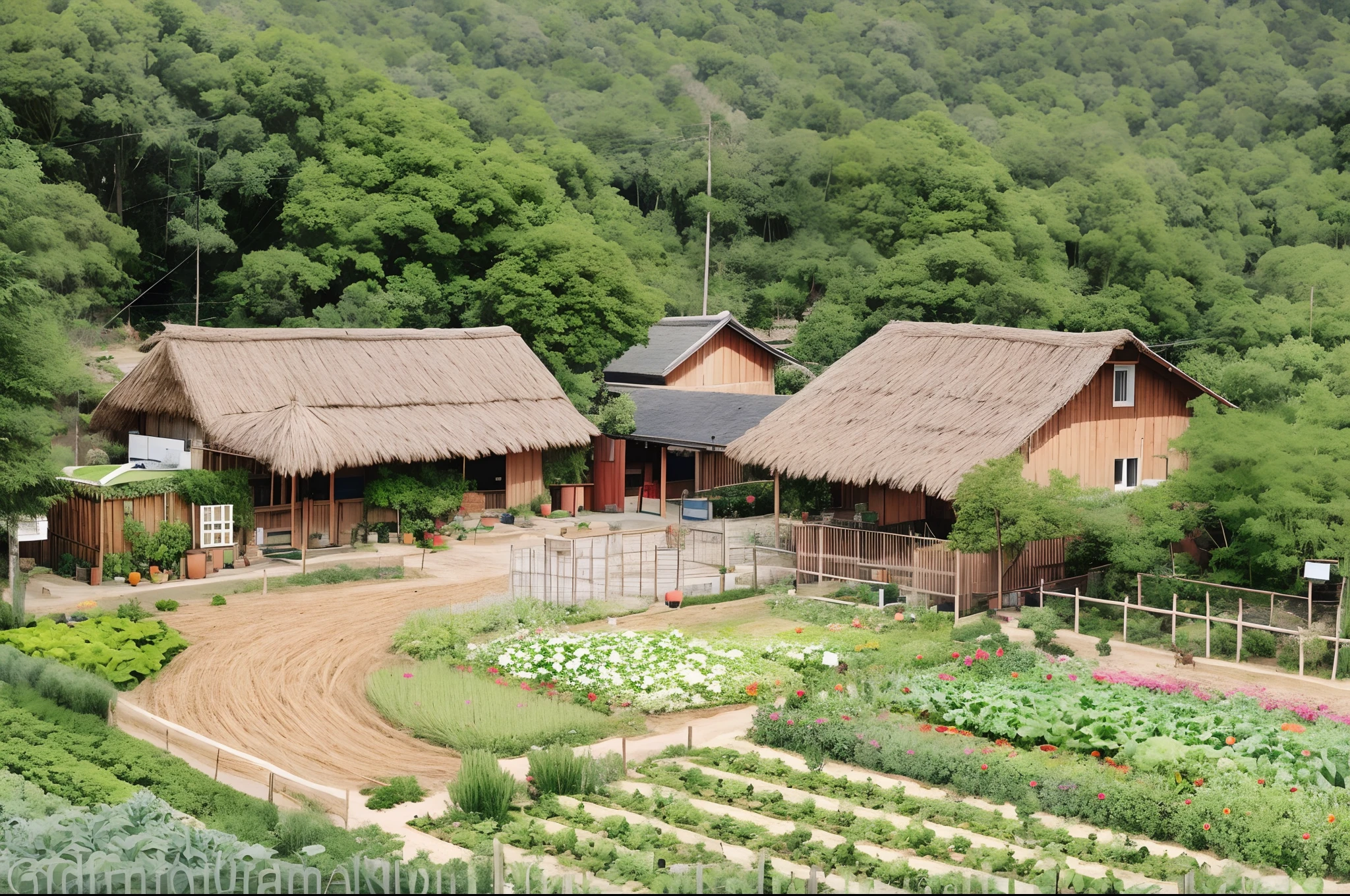 aerial view of a garden planted with green vegetables and a bamboo fence, a pile of straw, a small village, beautiful images, ariel view, eco-village, building in a forest, photo taken from the lens 16-35mm wide angle and Canon 5d mark IV camera. Realistic, sharp images