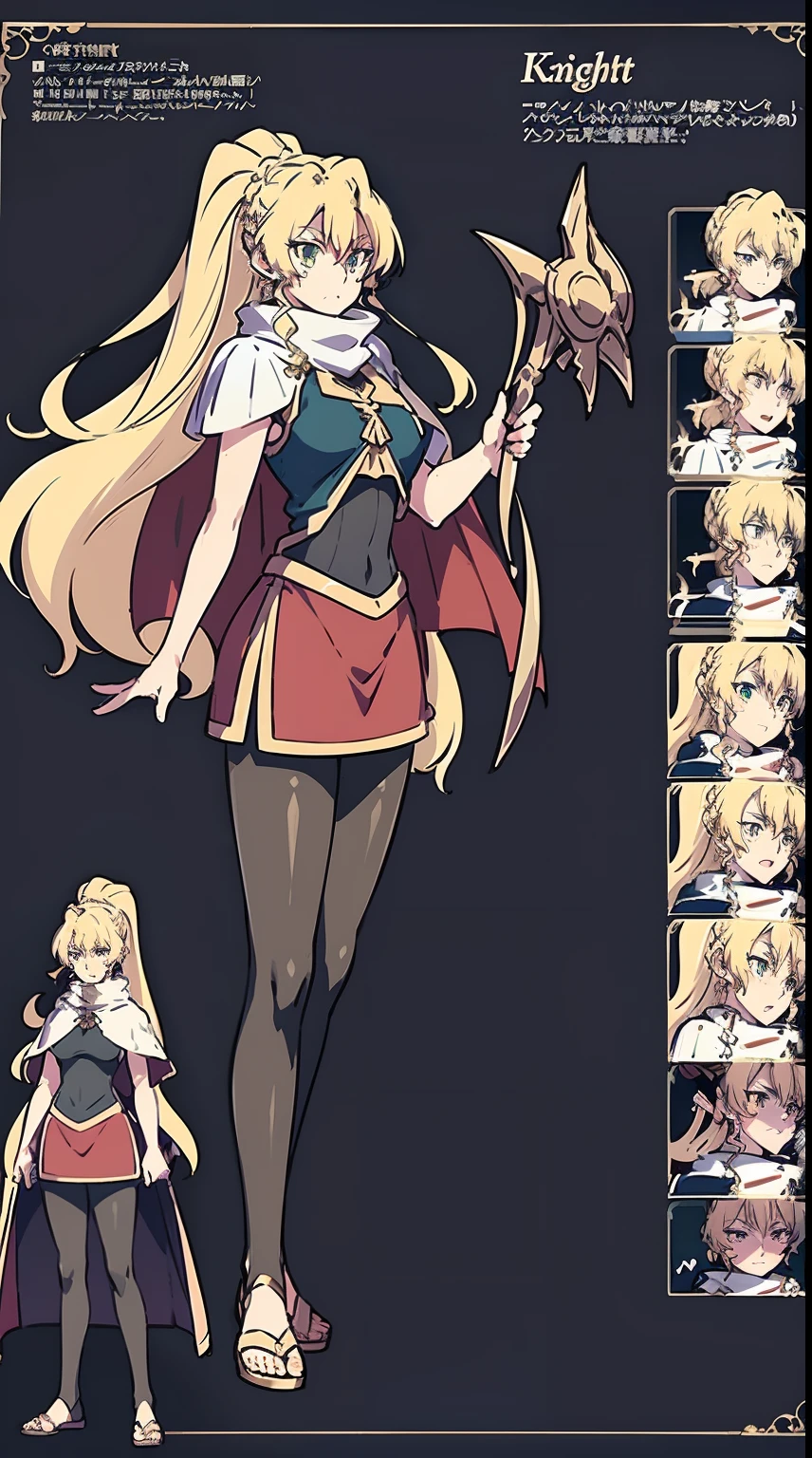 skirt vest, pantyhose, ponytail, long hair, blond hair, knight, medium breast,alicetaria february, green eyes,,, staff holding, cape, scarf, thick eyelashes,, castle background,fantasy,,standing, refsheet, solo focus, full body, flipflops,