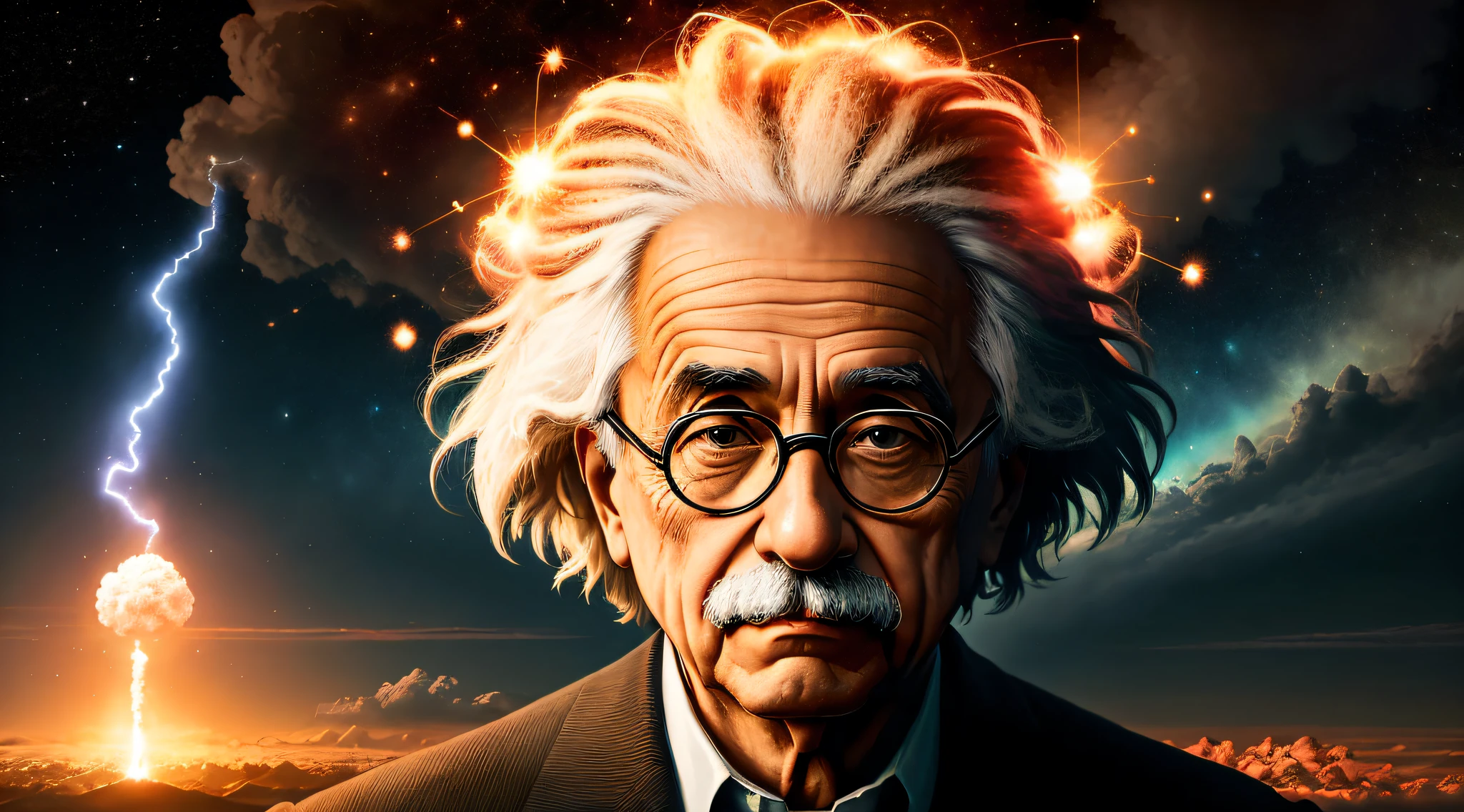Na imagem, vemos Albert Einstein, the celebrated physicist, before a symbolic representation of the atomic bomb. Seu rosto expressa uma mistura de tristeza, Concern and reflection, as he faces the magnitude of the implications of his own discovery.
The atomic bomb is symbolized by a bright and intensely luminous sphere, emanando energia destrutiva. An aura of dark-hued colors around her suggests the devastating consequences of her power.
As palavras "E = mc²" are present, flutuando ao redor de Einstein, reminding us of his famous equation that unraveled the connection between mass and energy, Enabling the development of the atomic bomb.
Ao fundo, Images of explosions and devastated cities evoke the destruction caused by the atomic bomb, emphasizing the gravity of his invention and the moral challenges Einstein faced in contributing to the project.
Nesta imagem, Albert Einstein is portrayed in a moment of deep reflection and awareness of the consequences of his scientific discoveries. He is a symbolic figure of the responsibility of scientists to consider the ethical and humanitarian implications of their research, reminding us of the power of science and the need to use it wisely and compassionately. The image is an impactful representation of the ethical dilemma that accompanied the development of the atomic bomb and underscores the importance of considering the social and human implications of scientific and technological advances.