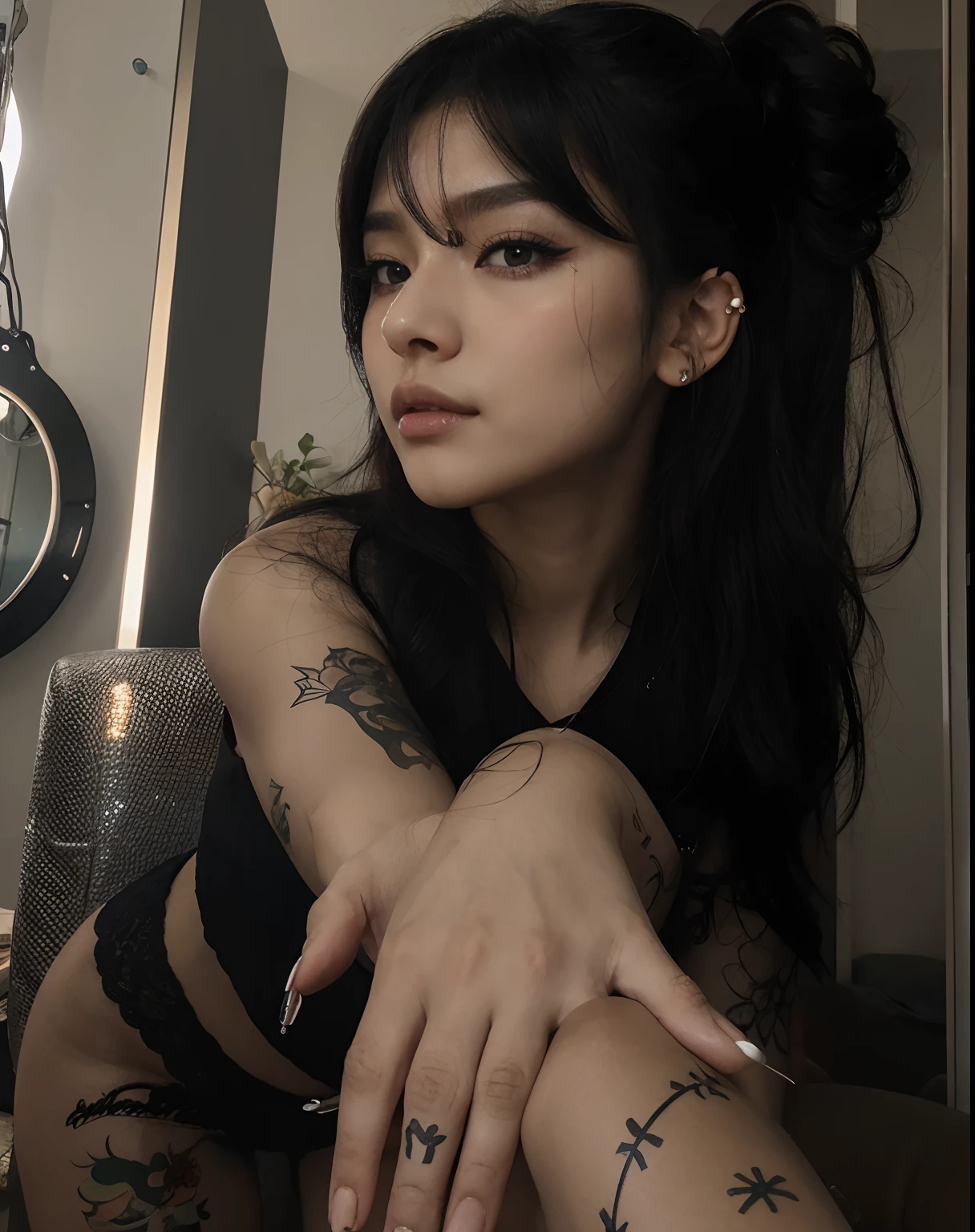 mulher, cabelo longo preto, boca estilo coreana, olhos pequenos e puxados coreano, piercing e brinco na orelha, unhas pontiagudas pretas, pele clara, maquiagem suave