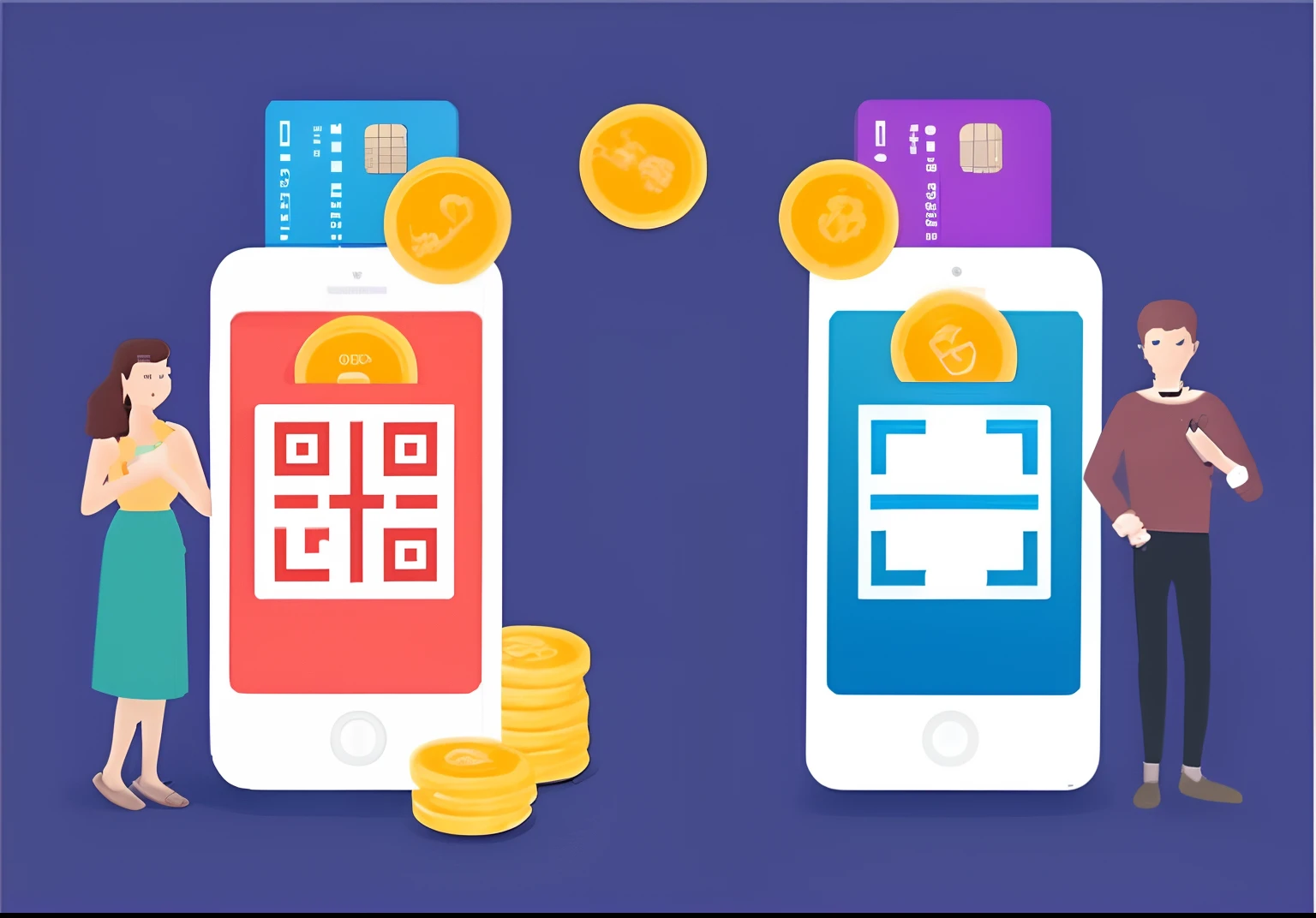 Two men stood next to each other,With a phone and a credit card, author:Sasha Putria, Simple illustration, smartphone displays qr code, 2. 5 d illus, author:Sebastian Franks, Taoist, instagram post, author:Zhang Shengqi, High degree of coherence, author:Matteo Pérez, author:Adam Maczynski, Flat illustration