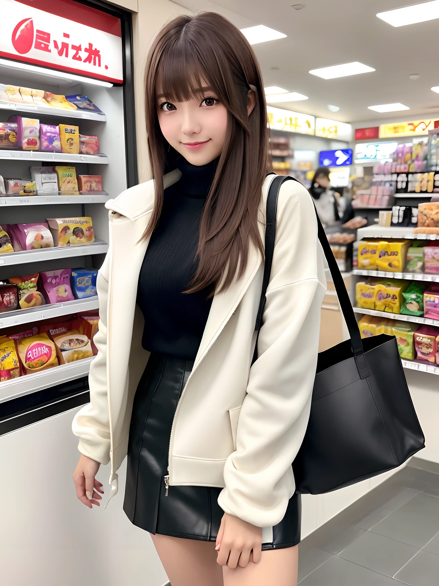 mastepiece, 1 girl per 1 photo, cowboy shot, front view, a Japanese young pretty girl, long bob hair, buying a junk food in a convenience store with a big smile in the city, white jacket over a black turtleneck sweater, black miniskirt, a tote bag over her shoulder, hyper cute face, glossy lips, double eyelids for both eyes, natural makeup, shiny smooth light brown hair of long bob hair, asymmetrical bangs, high resolution, high detail, detailed hairstyle, detailed face, cinematic lighting, octane rendering, hyper realistic, perfect limbs, perfect ???????