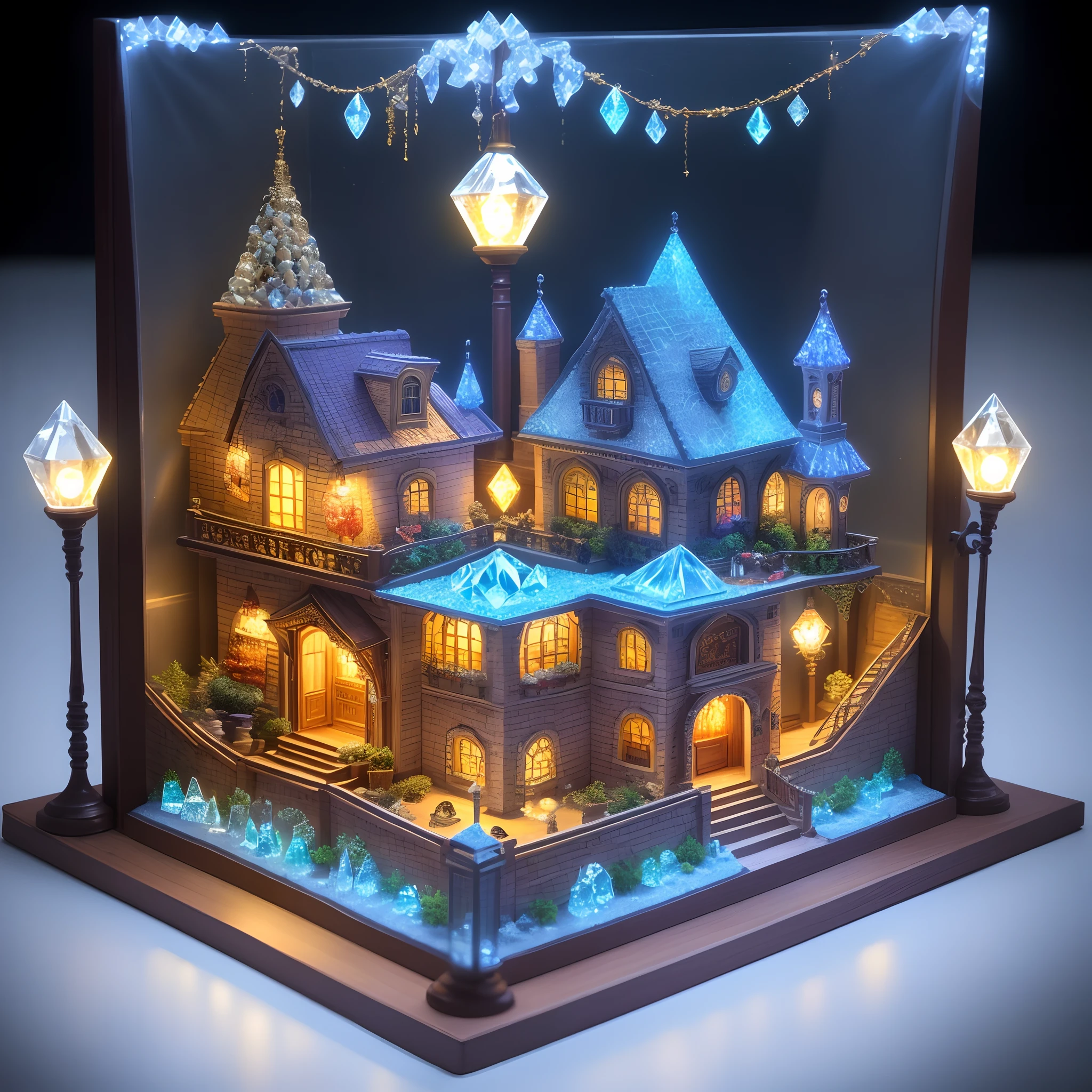 a display that has a miniature toy house which is made up of crystals and has various lights, 1girl, solo, crystal, blue theme