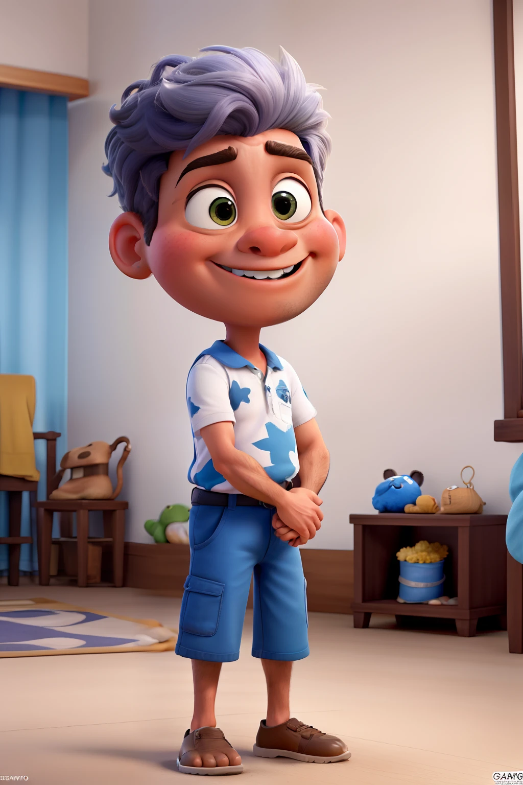 Criar uma imagem Disney pixar de um fisioterapeuta branco de cabelos grisalhos repartido de lado.