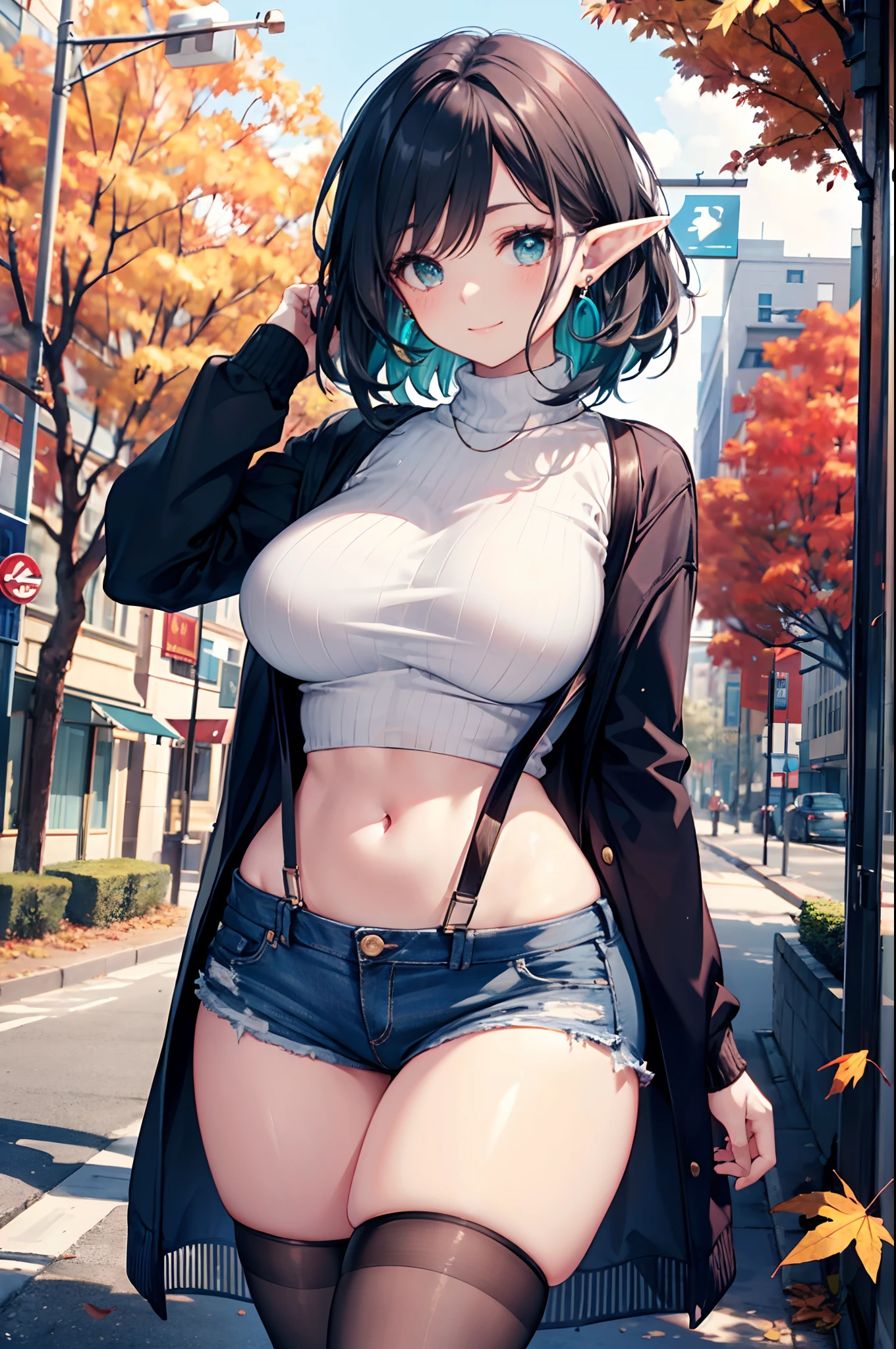 Realistic and detailed image of an elf. In a chunky knit sweater. denim minishorts, suspenders. stockings to mid-thigh. Unusually shiny long silky black hair combed to the right side. turquoise eyes. She has earrings and long eyelashes. Large breasts, slim waist, very wide hips and thick thighs. Smiling. Arched back. Posing sensually. Autumn. Falling leaves. Windy day. City with trees. Volumetric light. Ambient light.