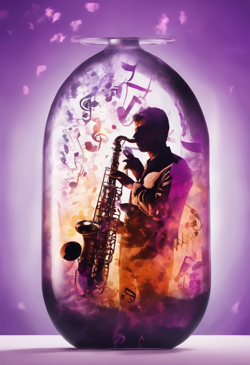 double exposure: a photo of ((a man playing a saxophone trapped inside of a transparent potion shaped like bottle, music notes fly in the bottle)), like a ghost, using the colors purple, black, orange and white, mountain backdrop, cinematic, fujifilm, RTX, bokeh