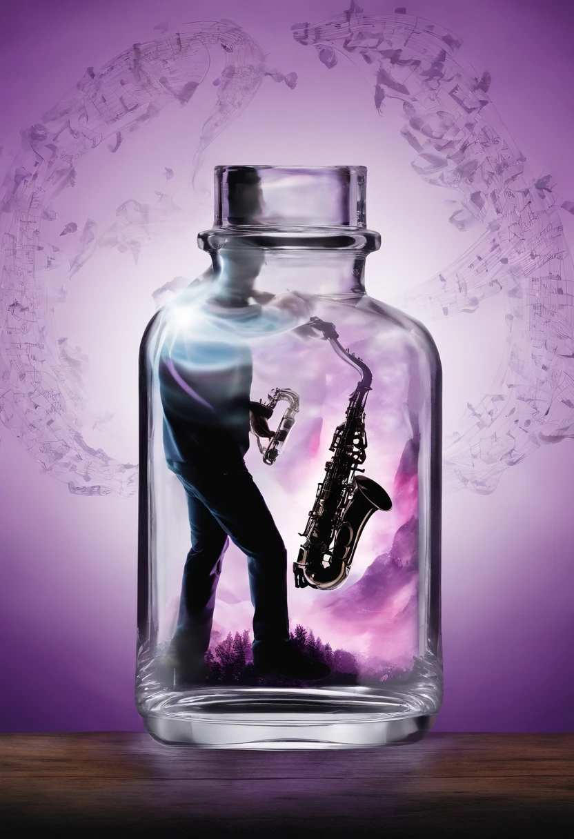 double exposure: a photo of ((a man playing a saxophone trapped inside of a transparent potion shaped like bottle, music notes fly in the bottle)), like a ghost, using the colors purple, black, orange and white, mountain backdrop, cinematic, fujifilm, RTX, bokeh
