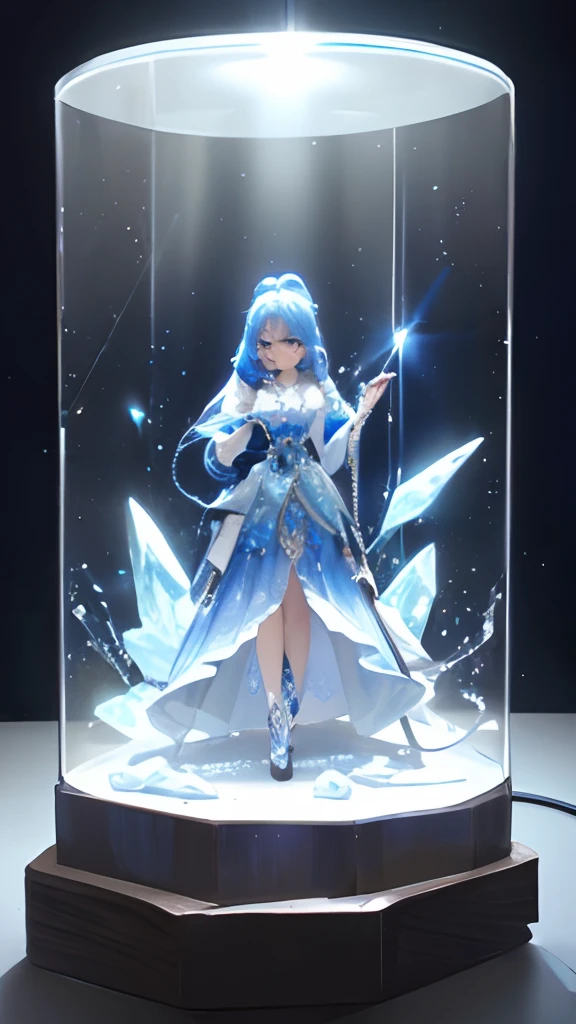 There is a miniature toy house made of crystals,、Display with different lights, 1girl in, Solo, krystal, Blue theme