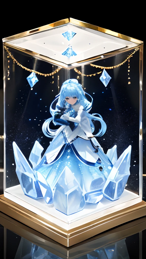 There is a miniature toy house made of crystals,、Display with different lights, 1girl in, Solo, krystal, Blue theme