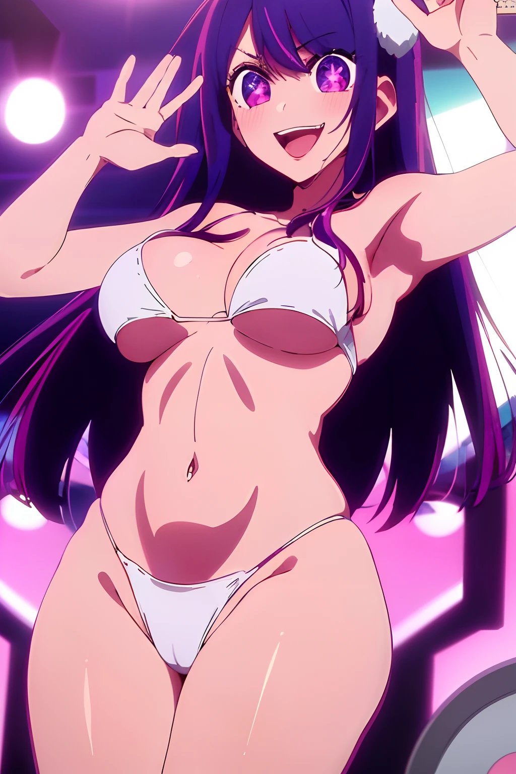 masterpiece、highly detailed、(1 girl in:1.2)、purple hair,rabbit ears,Playboy bunny,casino,bare legs,holding tray,poker chip,big eye、Close up、smile、8k 、Ai hoshino, voluptuous breasts, wide hips, wide thighs,ダブはピース✌️