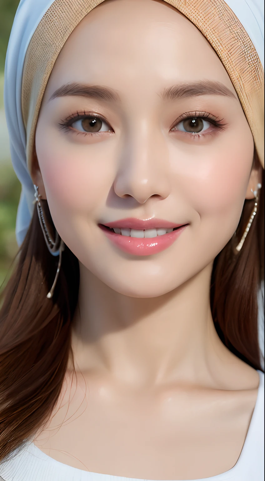 ((Best quality, 8k, Masterpiece :1.3)), 1girl, beautiful woman with emphasis on slender abs: 1.3, , big breasts: 1.5), oversized tank top: 1.2, super delicate face, delicate eyes, double eyelids, smile, home, javanese hijabi