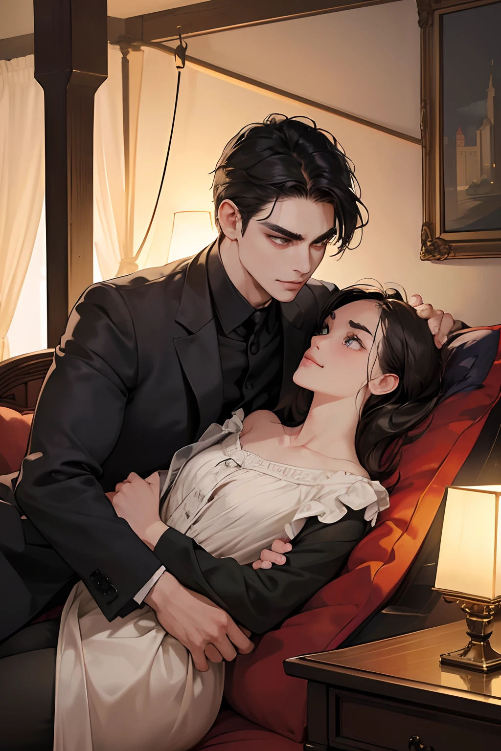 (masutepiece, Digital Art, Digital Illustration, 4K, 8K, Ultra-detailed, beautiful image, Sharp Image, Photorealistic, Raw photo, Perfect face, Perfect lines, Perfect eyes, Soft lighting) 1 male human, (A dark-haired,of hair between the eyes,2 blocks long,short-hair,Slippery hair,deadpan,Lowered eyebrows,Parallel eyebrows,Narrow-eyed,drooing eyes,Beauty,kindly smile,ember,40 years old:1.3),Handsome men, (ember,Man in a suit,Thin macho,Firm shoulder width,Adult male:1.2),Antique furniture,Antique sofa,Leather sofa,Antique table,aroma Candle,fantastical light,candelabra,At work,Sleepy face,Frantically opening your eyes,Troubled face,Beautiful eyebrows,Chunky jaws,Wrinkles at the corners of the eyes,Antique bed,canopy,thickness,Bedroom,Bed making
