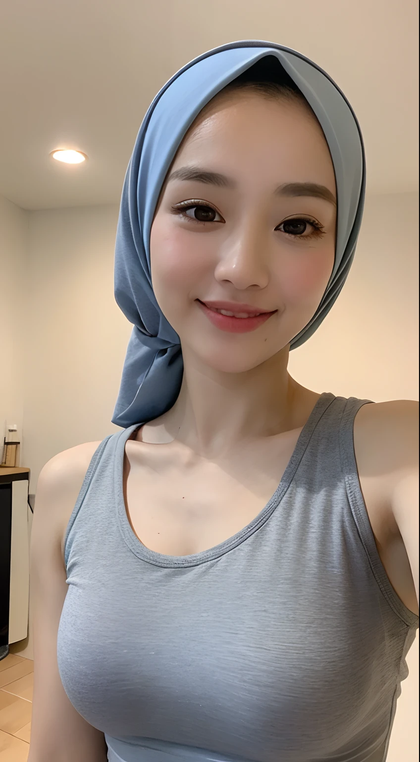 ((Best quality, 8k, Masterpiece :1.3)), 1girl, beautiful woman with emphasis on slender abs: 1.3, , big breasts: 1.5), oversized tank top: 1.2, super delicate face, delicate eyes, double eyelids, smile, home, javanese hijabi