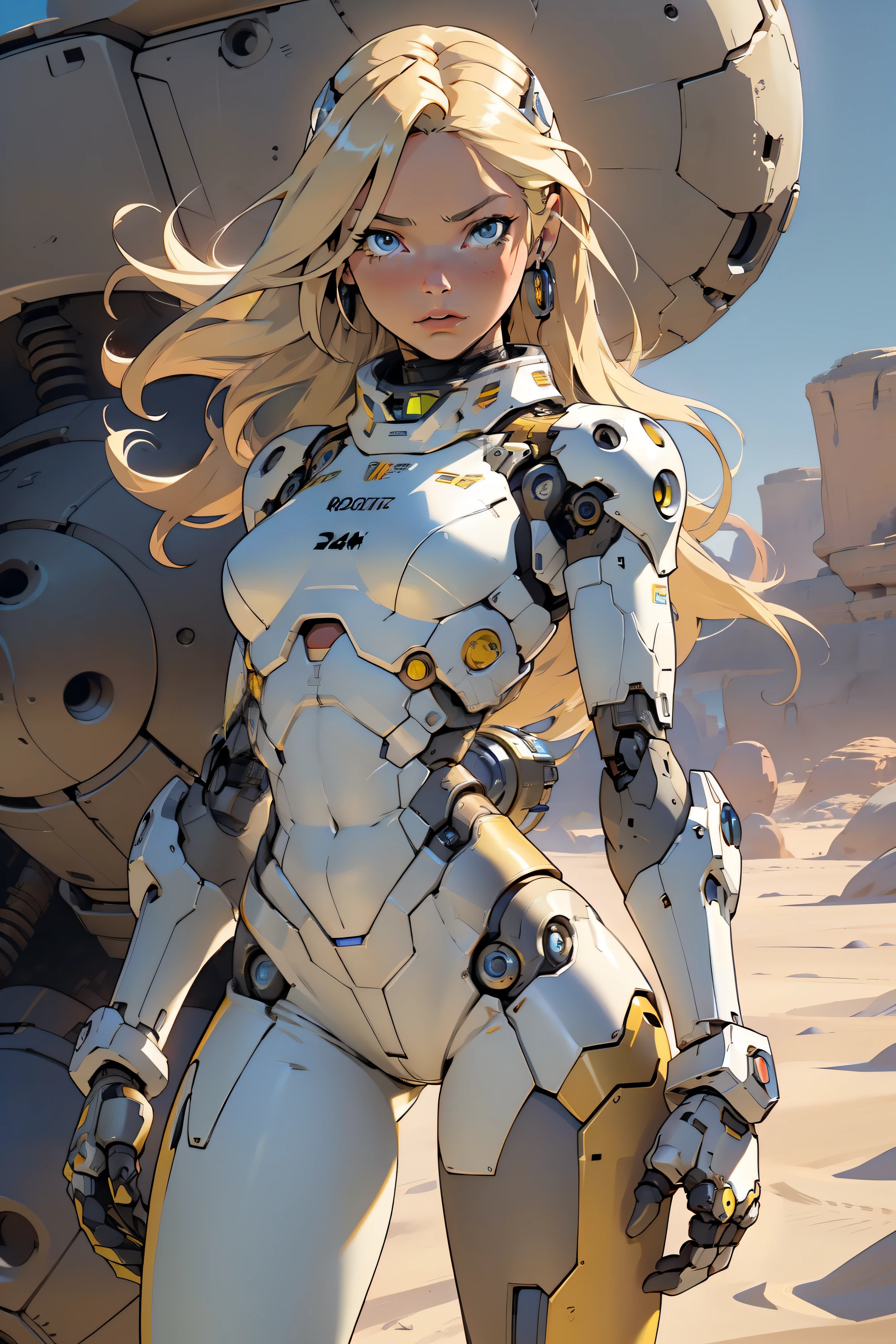 high quality, 4k, masterpiece, beautiful, cyborg girl, cowboy shot, dull eyes, looking at viewer, long blonde hair, girl, small breasts, fit thigh, robotic arms, robotic body, cyborg body, yellow accent, intricate detail, joint, detailed lines, robotic detail, military salute, holding 1hand up as a military salute, color robotic parts, robotic parts with color, perfect fingers, on a desert planet, sunny background, colorful desert,