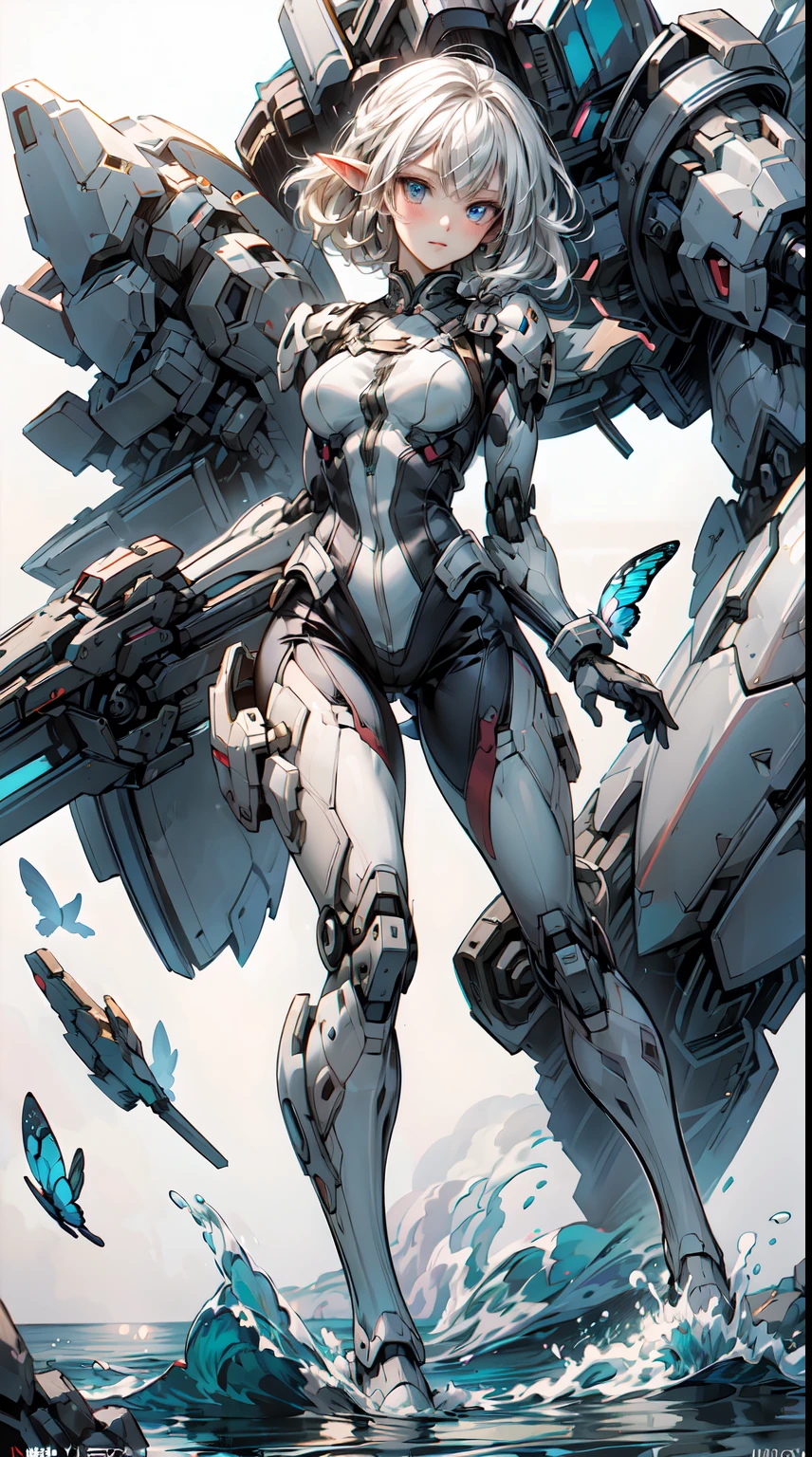 [(white background:1.5)=5], (bottle bottom:0.9), 1 elf girl, mid shot, full body, (mecha wing, mecha leg, mecha hand),((short white hair)), asymmetrical bangs, insanely detailed face and eyes, Perfect lips, butterflies, floating petal, stone fragment, beautiful detailed water, cloud, sun, dusk, sunset, beautiful detailed cloud, ocean, sea waves, water splashes, dramatic, cinematic lighting, fine expression, fine detail, fantasy art, illustration, masterpiece, digital art, drawing, in the style of Yusuke Murata.