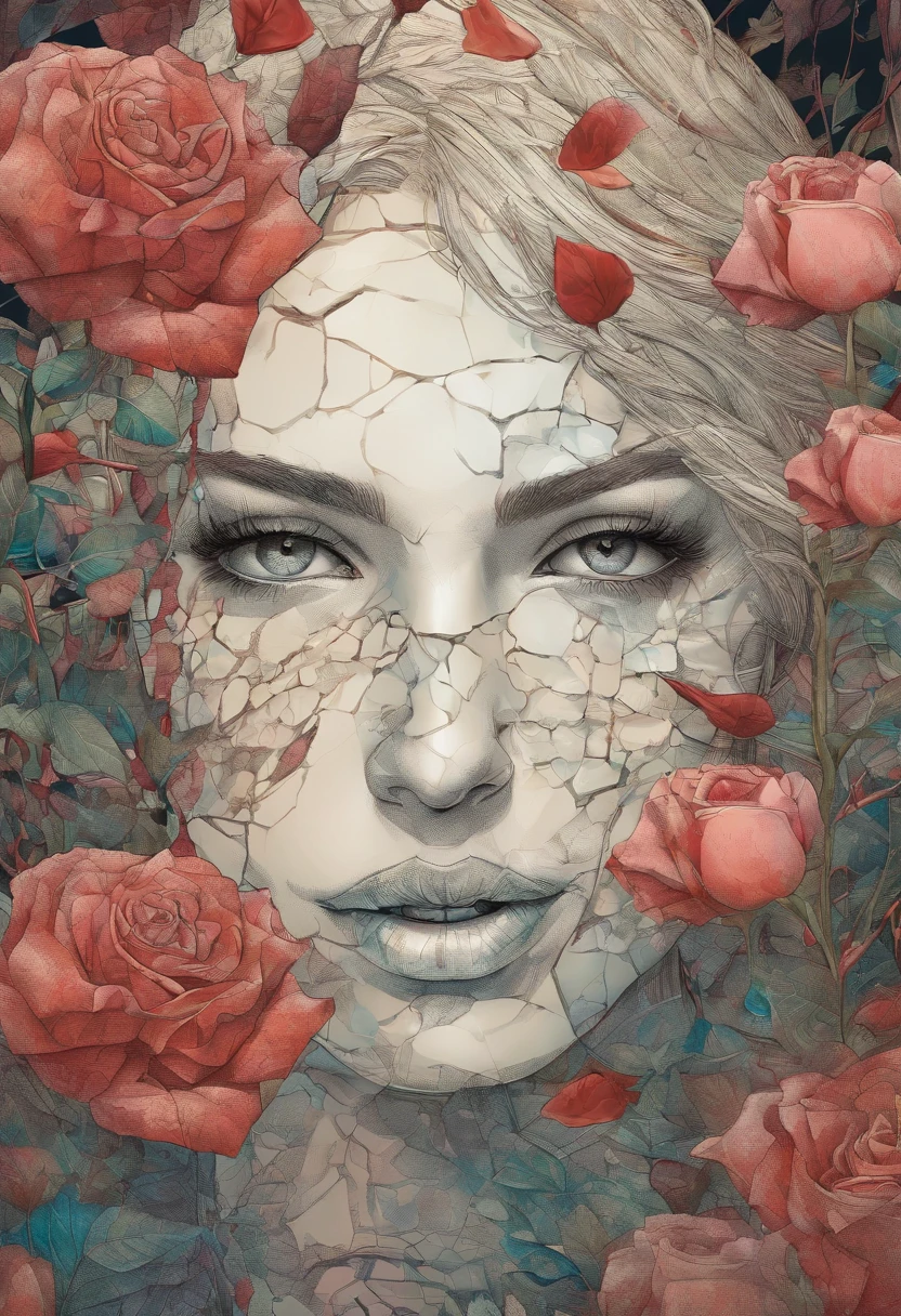 Positive prompt:
Compose a deeply emotional and visually stunning image featuring a young Norwegian woman, face as cracked broken glass, natural skin, in the Garden of Eden, with delicate multicolored roses, incorporate abstract art elements conveying a broken glass effect, conveying shattered memories and a tinted background with vivid shades to enhance the emotional impact, include rose thorns dripping with blood, adding to the overall beauty and evocative nature of the piece, hyper-detailed and intricate elements, The dramatic atmosphere enhances the overall high-quality and detailed nature of this stunning piece of artwork, style of Josan Gonzalez,