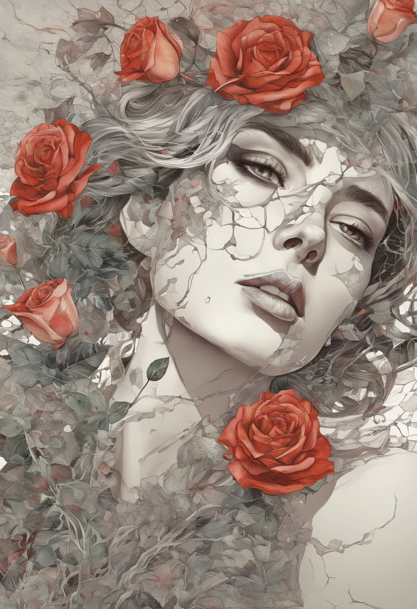 Positive prompt:
Compose a deeply emotional and visually stunning image featuring a young Norwegian woman, face as cracked broken glass, natural skin, in the Garden of Eden, with delicate multicolored roses, incorporate abstract art elements conveying a broken glass effect, conveying shattered memories and a tinted background with vivid shades to enhance the emotional impact, include rose thorns dripping with blood, adding to the overall beauty and evocative nature of the piece, hyper-detailed and intricate elements, The dramatic atmosphere enhances the overall high-quality and detailed nature of this stunning piece of artwork, style of Josan Gonzalez,