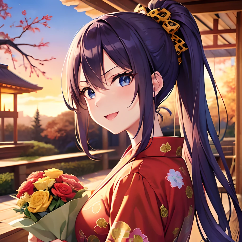 {{{{{masutepiece,Best Quality,ultra-detailliert,8K}}}}},1 woman,Happy laughter,Beautiful ponytail hairstyle,Beautiful face,beautiful large blue eyes,Have a colorful bouquet,Beautiful shrine with autumn leaves in the background,(Leopard print kimono:0.985),