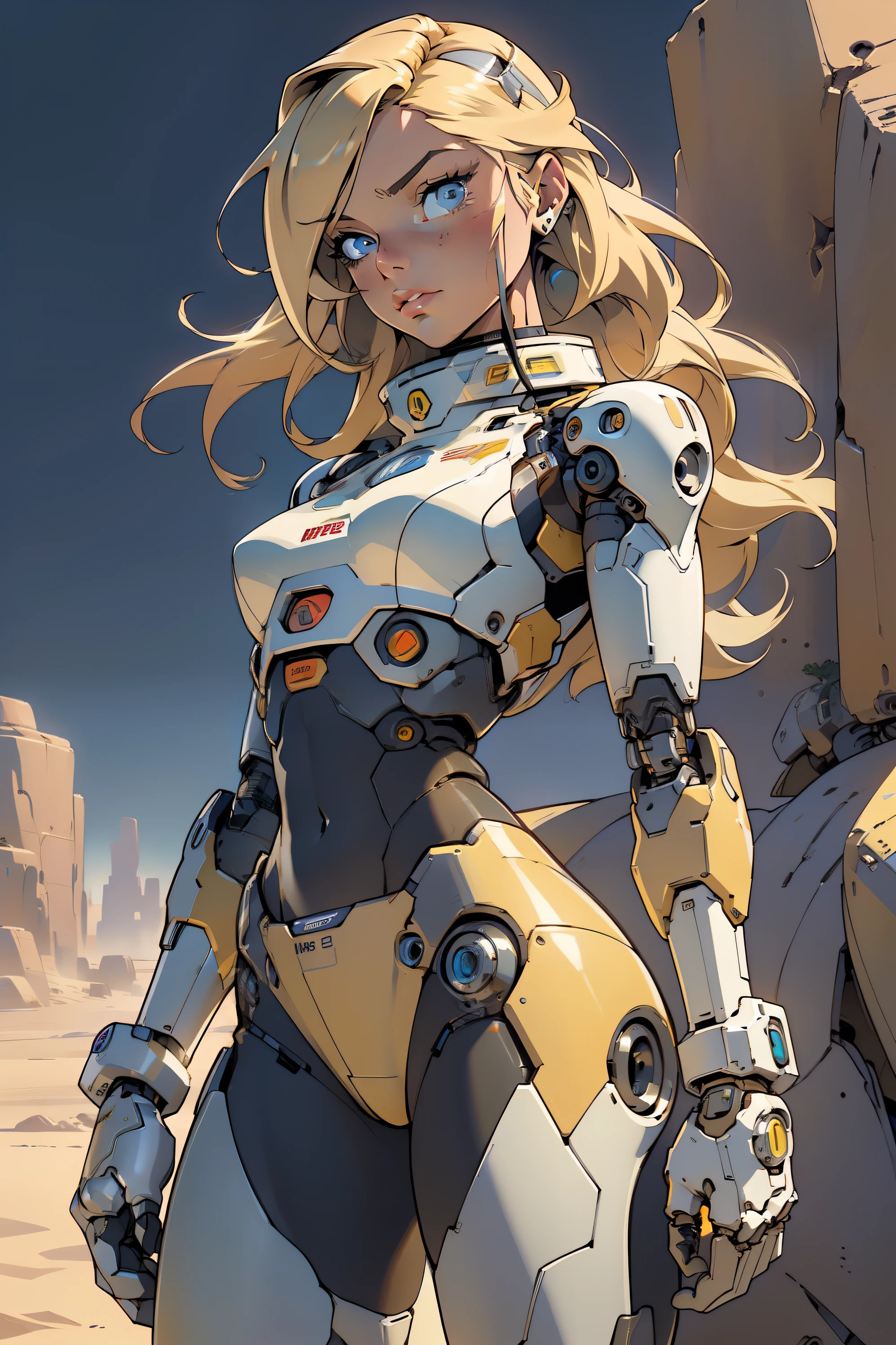 high quality, 4k, masterpiece, beautiful, cyborg girl, cowboy shot, dull eyes, looking at viewer, long blonde hair, girl, small breasts, fit thigh, robotic arms, robotic body, cyborg body, yellow accent, redaccent, intricate detail, joint, detailed lines, robotic detail, holding fist up, holding hand up as fist, color robotic parts, robotic parts with color, perfect fingers, on a desert planet, sunny background, colorful desert,