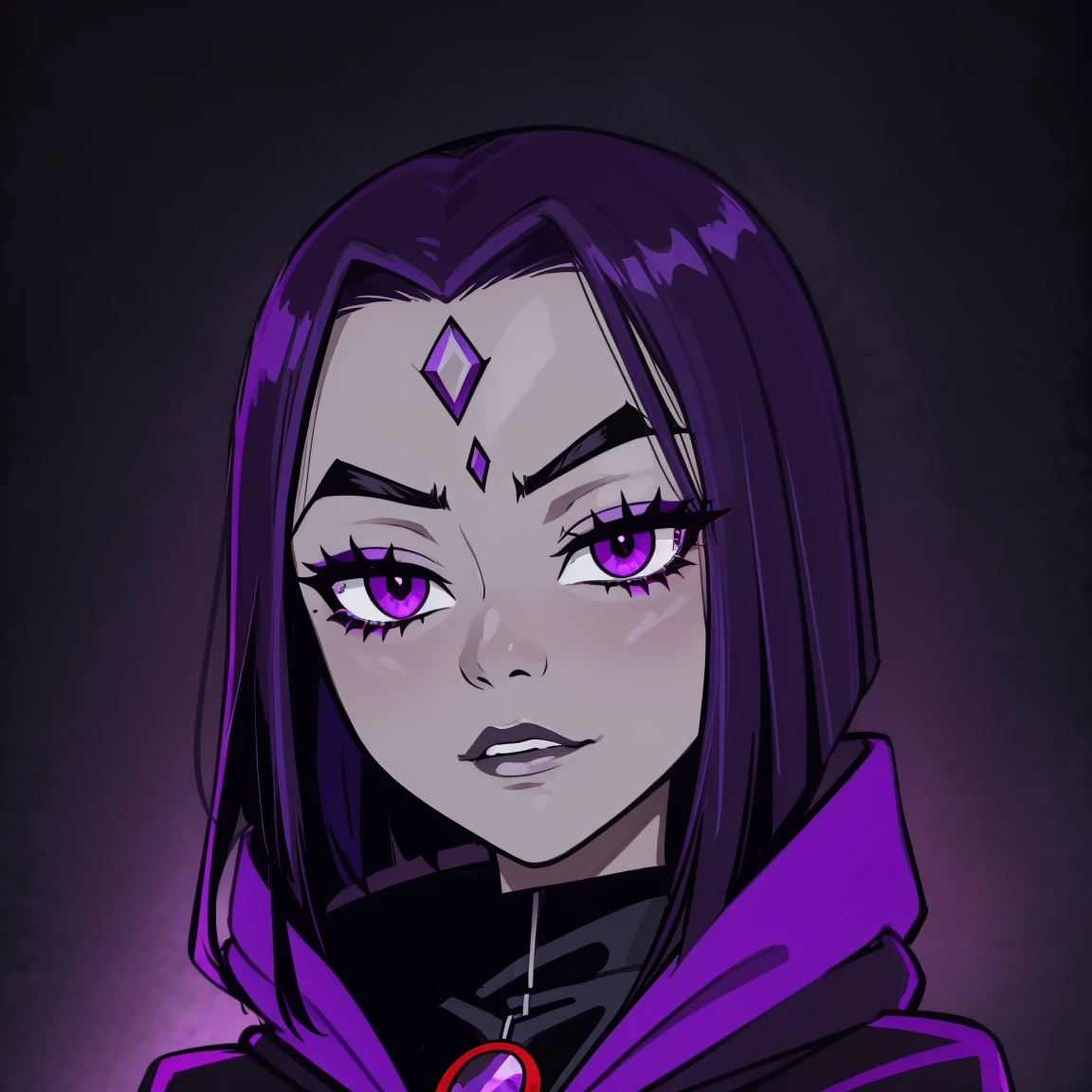 Raven, teen titans, hooded, goth girl, autumn forest background, detailed, detailed, detailed, beautiful, detail, goth girl, masterpiece, purple clothes, red jewel centre head, dark night background, gothic, goth, goth, detailed, goth girl, piercings, detailed face, looking viewer, raven, (Dark eye shadow) dark eye shadow, black eye shadow,