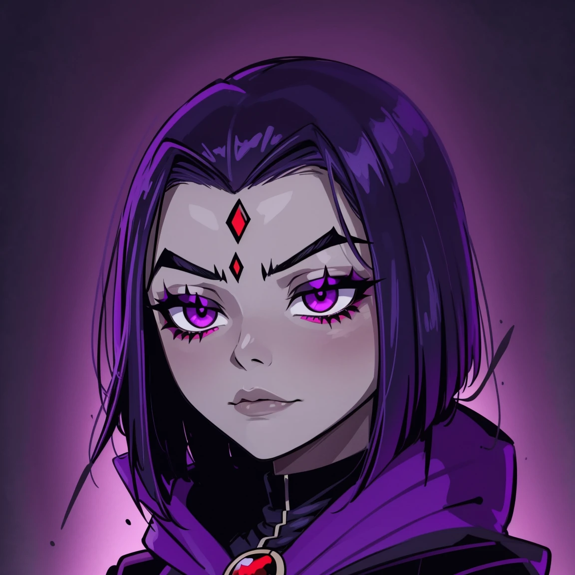 Raven, teen titans, hooded, goth girl, autumn forest background, detailed, detailed, detailed, beautiful, detail, goth girl, masterpiece, purple clothes, red jewel centre head, dark night background, gothic, goth, goth, detailed, goth girl, piercings, detailed face, looking viewer, raven, (Dark eye shadow) dark eye shadow, black eye shadow,