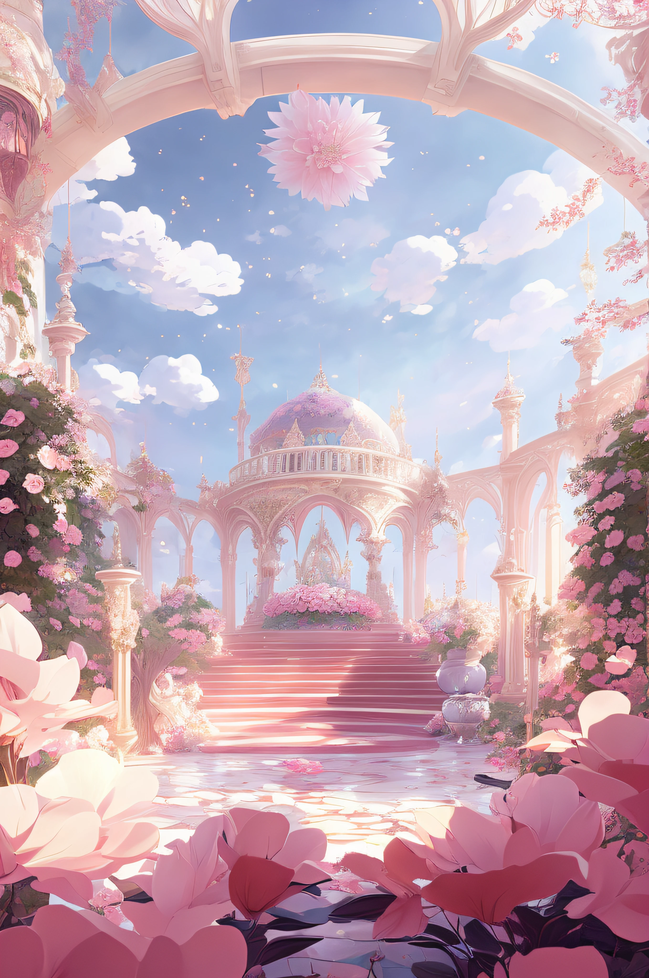 There is a large pink flower arrangement in the middle of the room, beautiful render of a fairytale, palace background, fairy tale style background, anime beautiful peace scene, illusory engine ; romantic motifs, beautiful anime scenes, stunning arcanum backdrop, beautiful anime scenery, Anime background art, magical fairy background, very magical and dreamy, dreamy and detailed