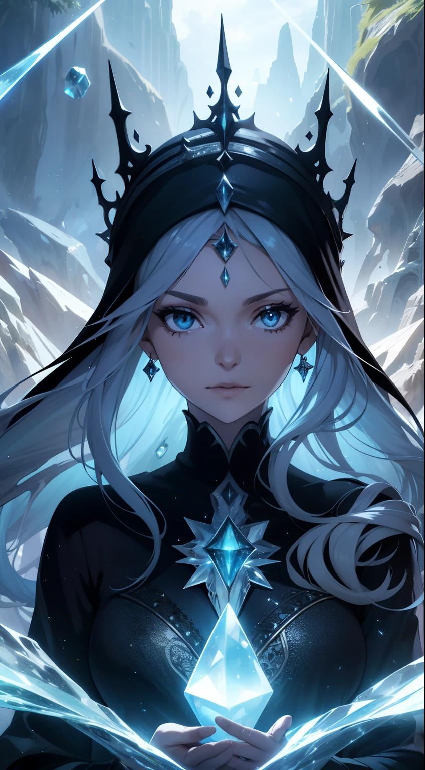 (absurdres, highres, ultra detailed), 1woman, mature female, aged up, coral eyes, hijabi, long sleeves, finely detailed eyes and detailed face, extremely detailed CG unity 8k wallpaper, intricate details, (style-swirlmagic:1.0), looking at viewer, solo, upper body, detailed background, close up, detailed face, (gothic dark ages theme:1.1), crystal sorcerer, dynamic pose, earth themed clothes, crystal crown, floating in the air, glowing magical shards, surrounded by blue magical crystals, rock formations, stalactites, magical floating particles, crystal glass, crystal sphere, crystal canyon background, (shallow water:0.7), epic ethereal atmosphere, updraft,, portrait