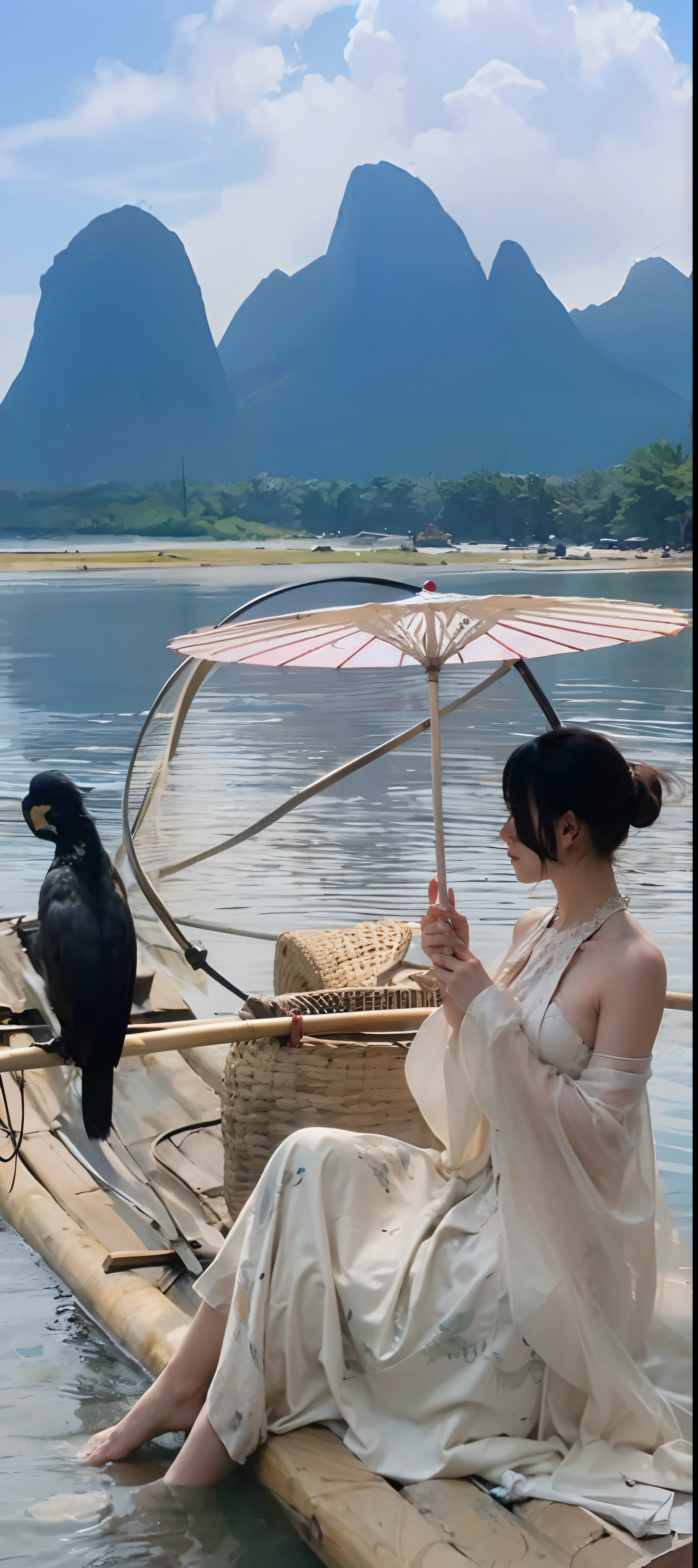 (CG Unity 8K wallpaper in extreme detail，tmasterpiece，Highest image quality)，(Delicate light and shadow，The picture is highly dramatic，Cinematic lens effect)， Sitting on the boat，A girl with an oil-paper umbrella，(Excellent rendering，Enough to stand out from the crowd)，