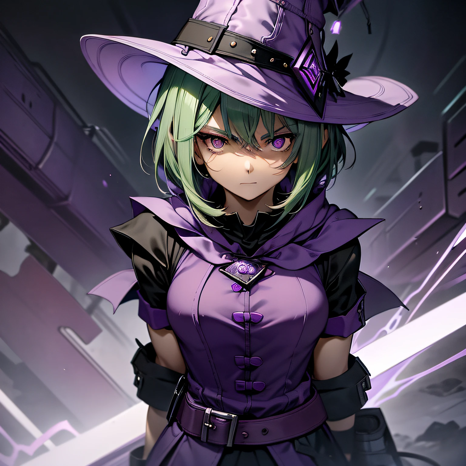 top-quality、extremely delicate and beautiful、(A teenage girl)、Purple Eye、Green hair、short-haired、(purple witch hat)、Purple tie、Tactical Vest、Soio、shortsleeves、Purple skirt、Purple Wizard Robe、Navel、is standing、Facing the front、Expression of hatred、Dark background、Only eyes