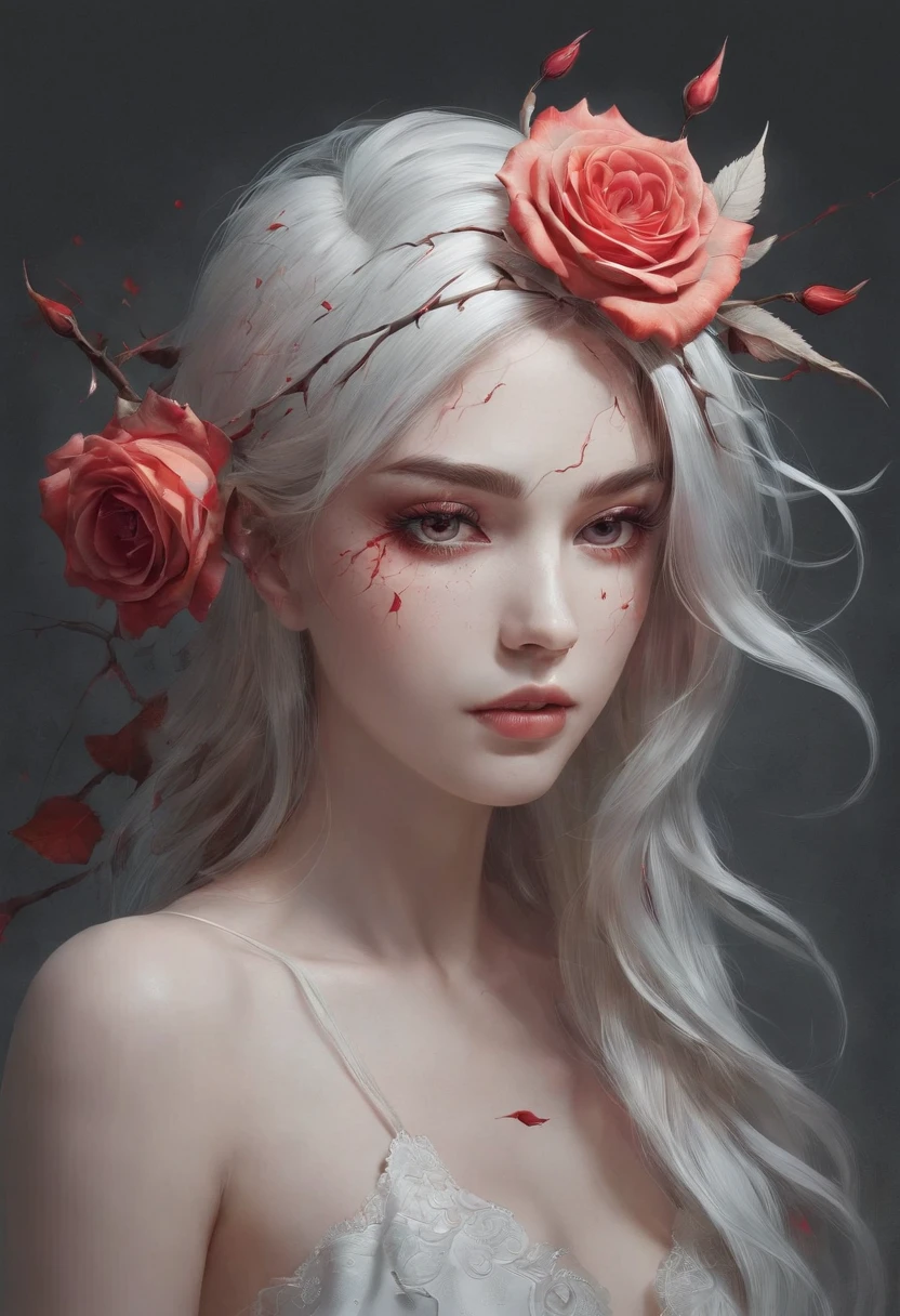 masterpiece, best quality, high quality, extremely detailed CG unity 8k wallpaper, portrait of a pagan goddess, antichrist, doomsday, holy, award winning photography, Photorealistic,extremely detailed, trending on artstation, trending on CGsociety, Intricate, High Detail, dramatic, art by midjourney, blood on face, evil smile, horror art, dread, (blood:1.2), (roses and thorn background:1.3)