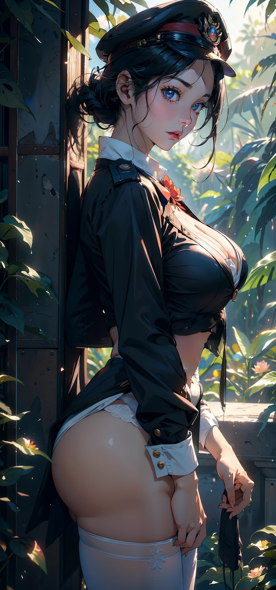 1female,35yo,plumw,extremely large bosom, 独奏,(Background with:the rainforest,lotus flower,Ground area water) She has very short black hair,bobo head,Stand deep in the forest,seen from the front, hair straight, mostly cloudy sky,(((tmasterpiece),(Very detailed CG unity 8K wallpaper),best qualtiy,cinmatic lighting,detailed back ground,beatiful detailed eyes,Bright pupils,Blue eyes,Snow-whiteskin,Redlip(Very fine and beautiful),(Beautiful and detailed eye description),ultra - detailed,tmasterpiece,))facing at camera,A high resolution,ultra - detailed),revealing breasts,Bare genitalia, Bulge,legs are open,Raised sexy,Camel toes,Flushed complexion,Desire for dissatisfaction,frontage,British Air Force,Aviator,Officer's cap(Wearing:blazer jacket,tailcoat,White color blouse,a black bowtie,Black pantyhose,Bare breasts)