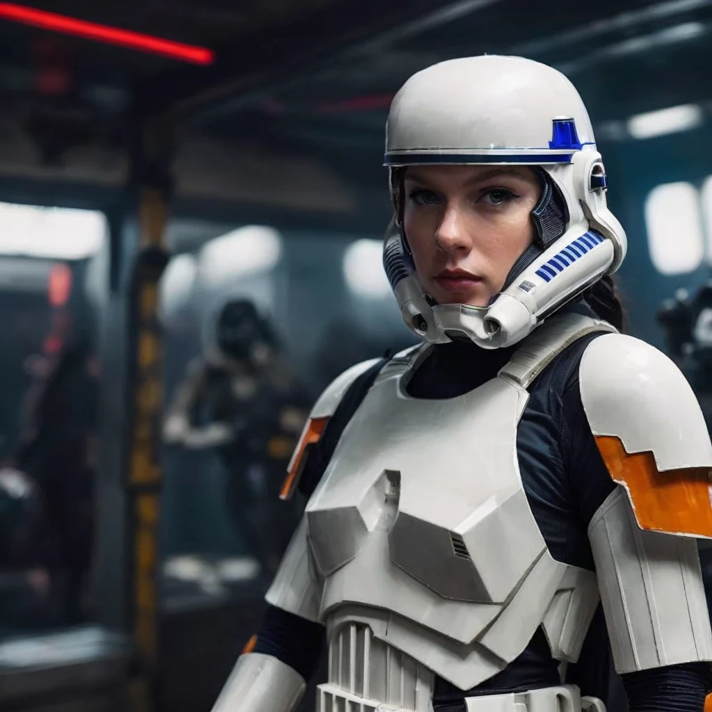 There's a woman in Star Wars costume standing in a room, Taylor Swift, Un agente imperial de Star Wars, Soldado de asalto femenino, Personaje de Star Wars, star wars film look, Estilo Imperial de Star Wars, Ambiente futurista de Star Wars, Personaje femenino en solitario, Cavalry soldier, Usando una brillante armadura de soldado de asalto, Jaina Solo, Retrato de un soldado de asalto, Ropa futurista y casco, Estilo Star Wars