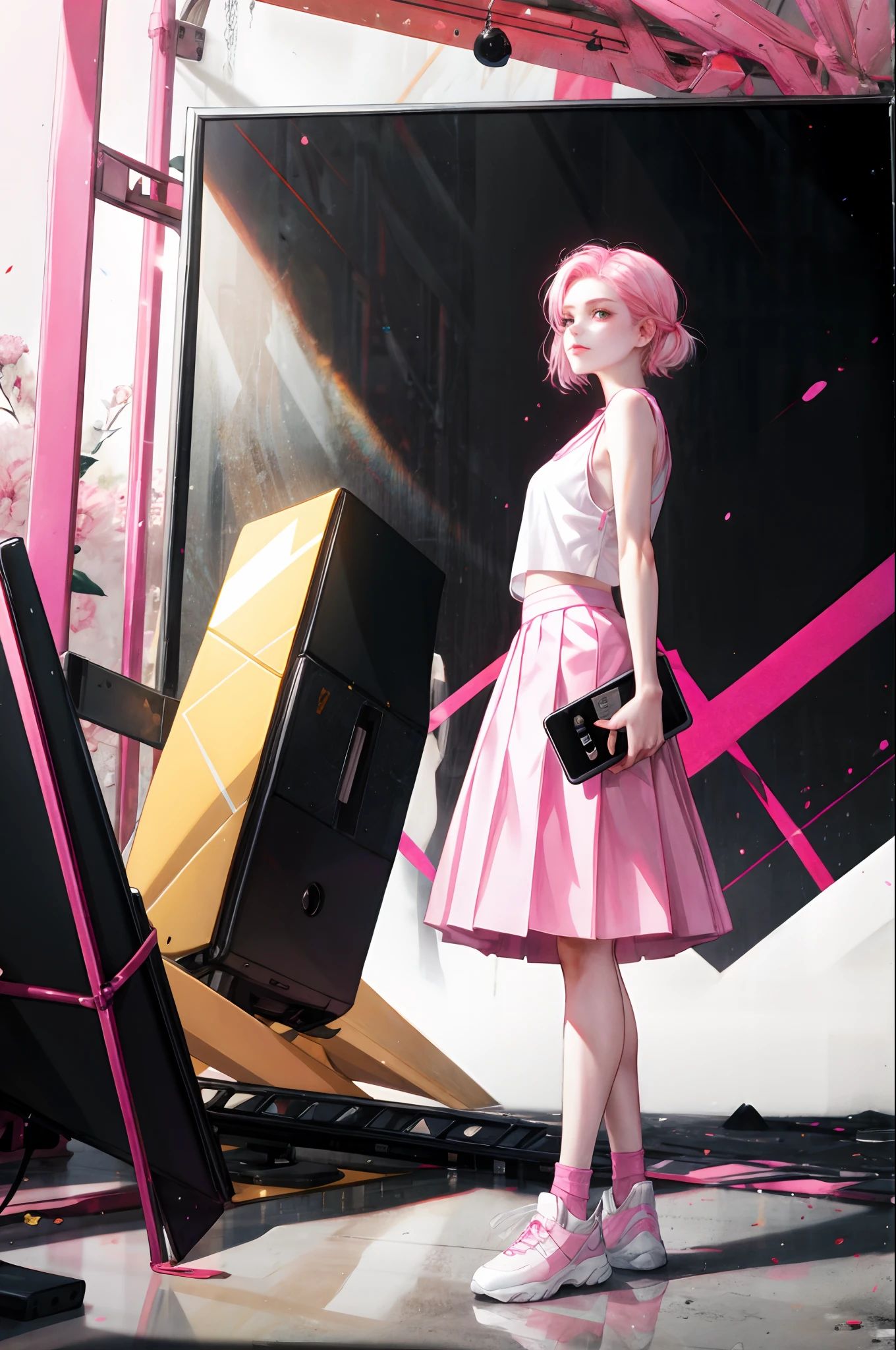 full body Esbian、Standing picture、One girl、masterpiece、top-quality、Top image quality, short white and pink hair, technology clothes style, yellow and pink top, white and yellow and pink skirt,