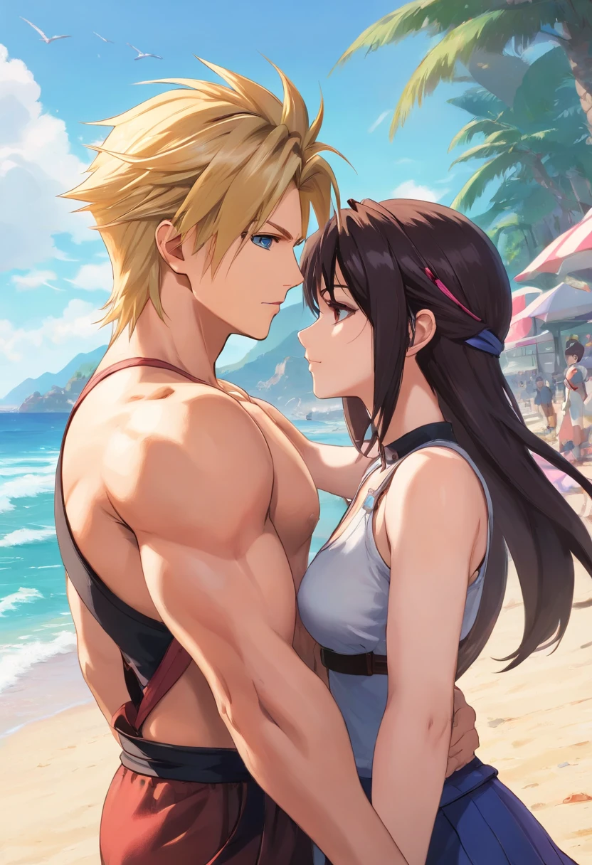 Cloud Strife and Tifa Lockhart on the Beach in Final Fantasy 7 Remake, Kissing on the beach, nffsw, masutepiece, ccurate, Anatomically correct, High quality, high details, Super Detail, Textured skin, Best Quality, hight resolution, 8K