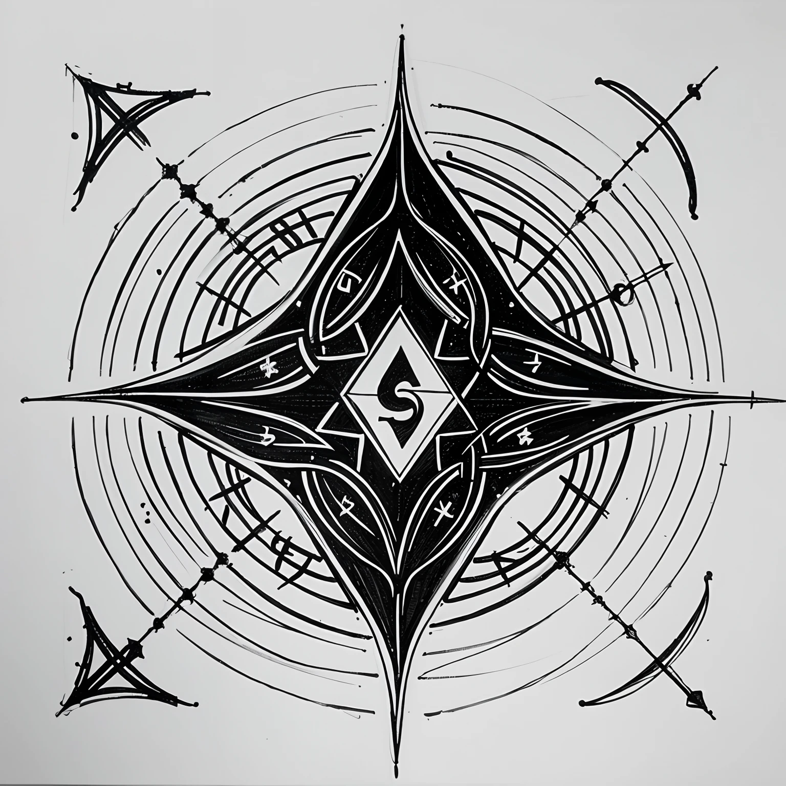 sigil magick runes, in the style of DaVinci invention sketches, black and white simplistic line art.
