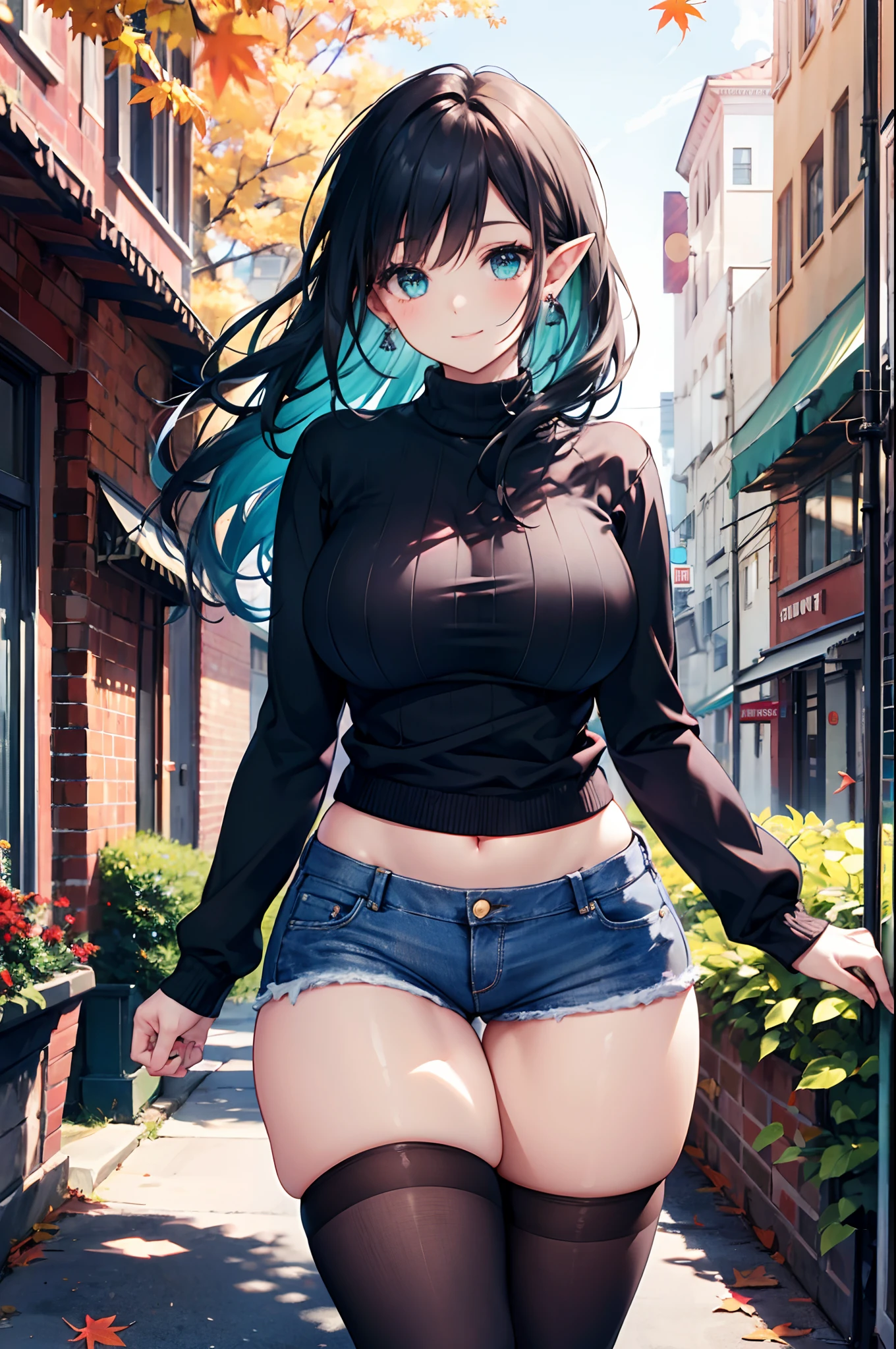 Realistic and detailed image of an elf. In a chunky knit sweater. denim minishorts. stockings to mid-thigh. Unusually shiny long silky black hair combed to the right side. turquoise eyes. She has earrings and long eyelashes. Large breasts, slim waist, very wide hips and thick thighs. Smiling. Arched back. Posing sensually. Autumn. Falling leaves. Windy day. City with trees. Volumetric light. Ambient light.