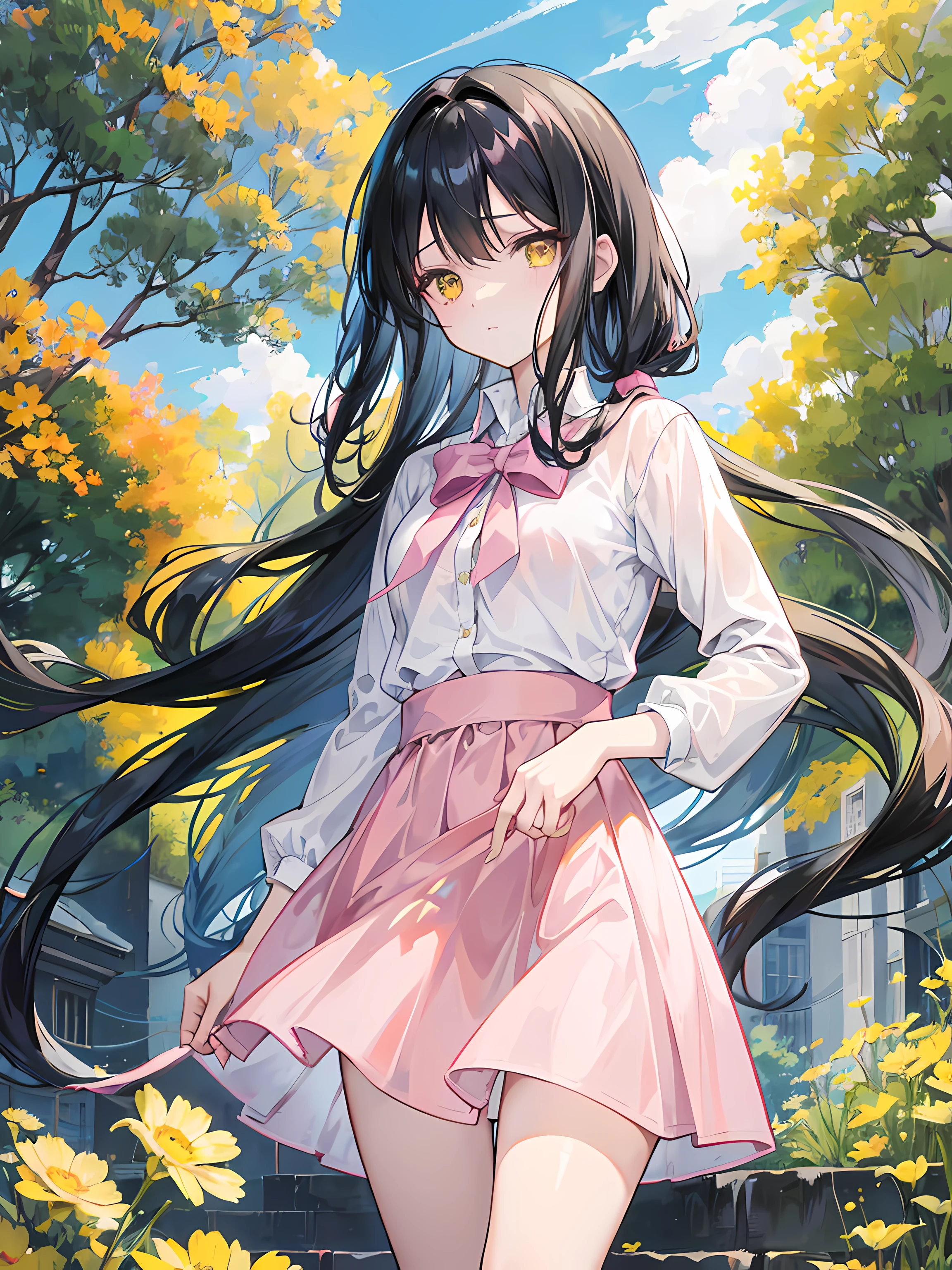 anime girl with long black hair and yellow eyes standing in front of a city, yellow flowers, anime visual of a cute girl, anime moe artstyle, beautiful anime girl, daytime ethereal anime, young anime girl, beautiful sky, pink jakect, white shirt, pink skirt, small breasts, ultrasharp, masterpiece, high res, 8k