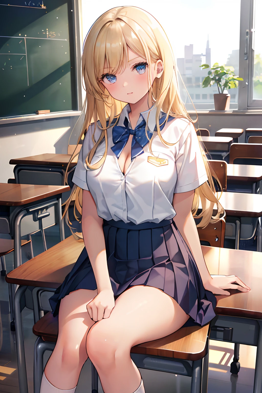 top-quality、lighting like a movie、1 High school girl sister、school classrooms、sit at a desk and chair、ssmile、small tits、White Uniform、pleatedskirt、opening legs、white panties exposed、open one's legs、