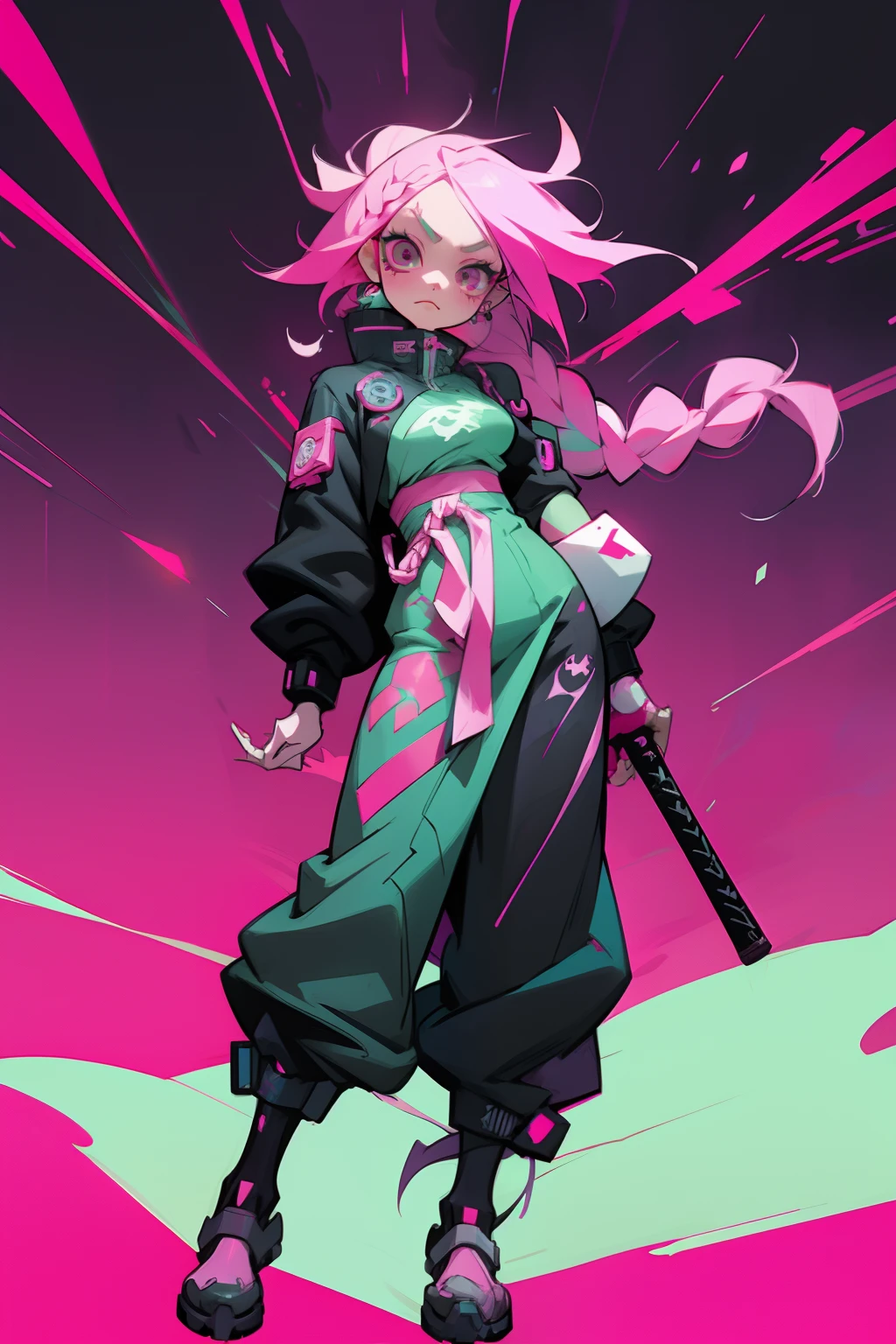 anime girl with pink hair and black eyes holding a bat, braided long hair, rossdraws cartoon vibrant, cyberpunk art style, digital cyberpunk anime art, anime cyberpunk art, anime style 4 k, :: rossdraws, cyberpunk artstyle, cyberpunk anime art, demon slayer artstyle, neonpunk, demon slayer rui fanart, cyberpunk anime girl, anime styled digital art, female cyberpunk anime girl