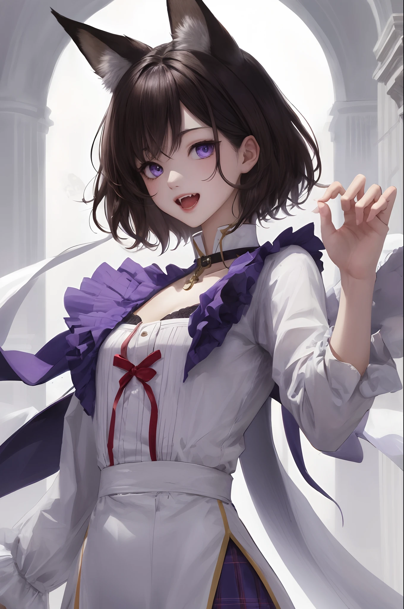 fox ear、Small fangs、A dark-haired、short-hair、a scool girl、Purple eyes、1 heavy、foxes