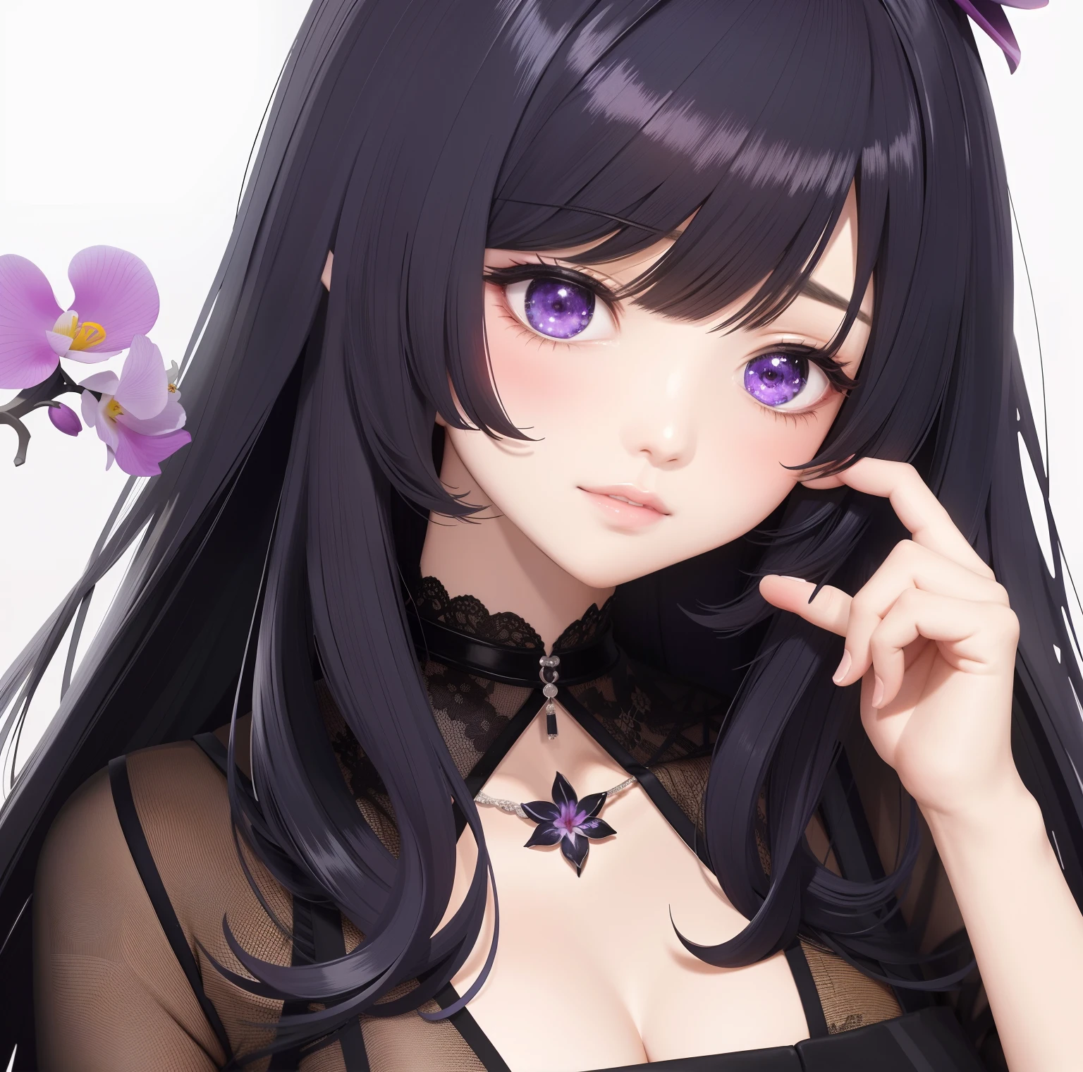 Menina anime com cabelo preto longo segurando uma flor, with an orchid in the, anime vibes, Estilo anime bonito, illustration Anime style, estilo anime 4K, estilo anime, menina anime sedutora, arte digital estilo anime, her face looks like an orchid